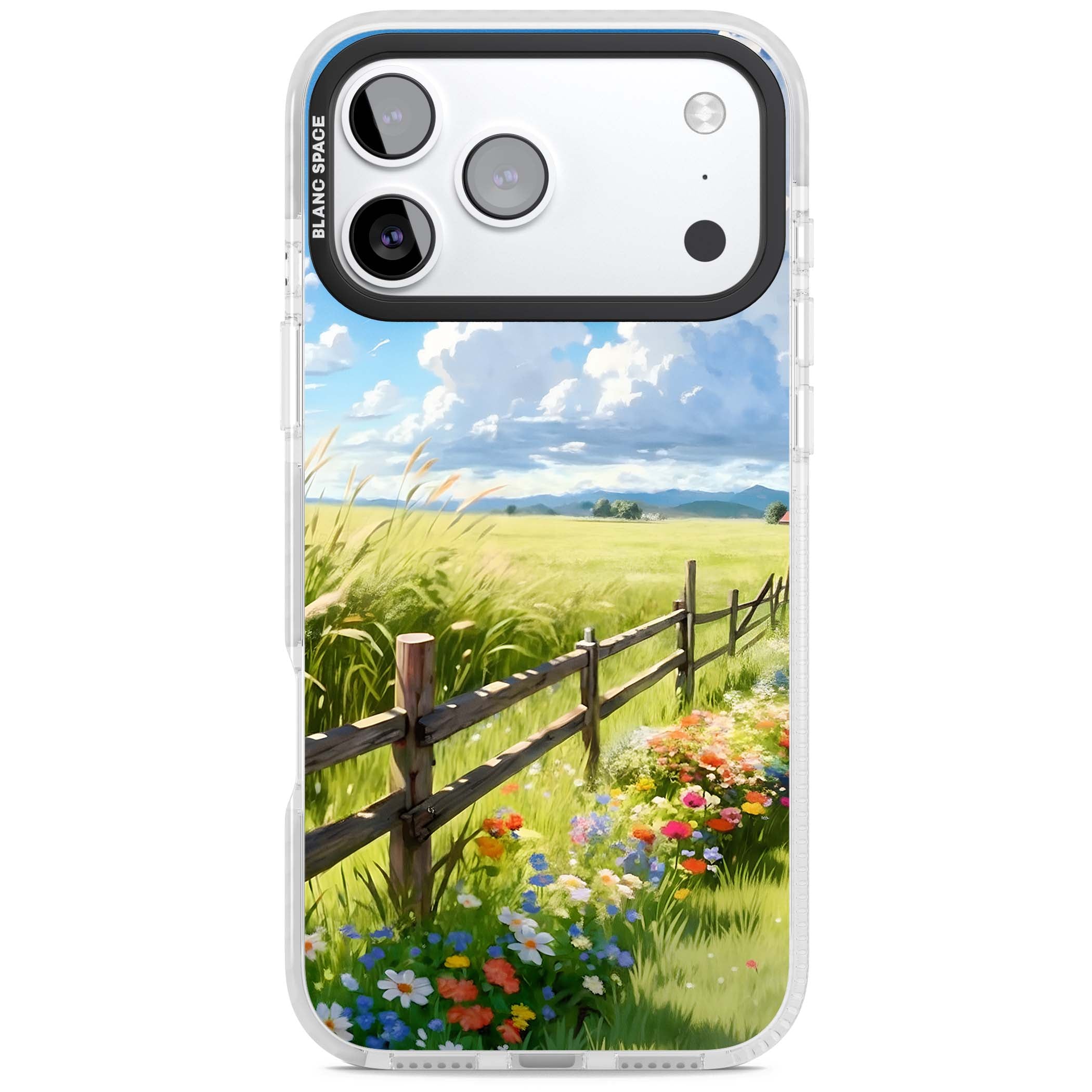 A Countryside Afternoon cottagecore iPhone case featuring a painted countryside meadow, wooden fence, and wildflowers beneath | Black Impact case for iPhone 17 Pro, iPhone 17 Pro Max