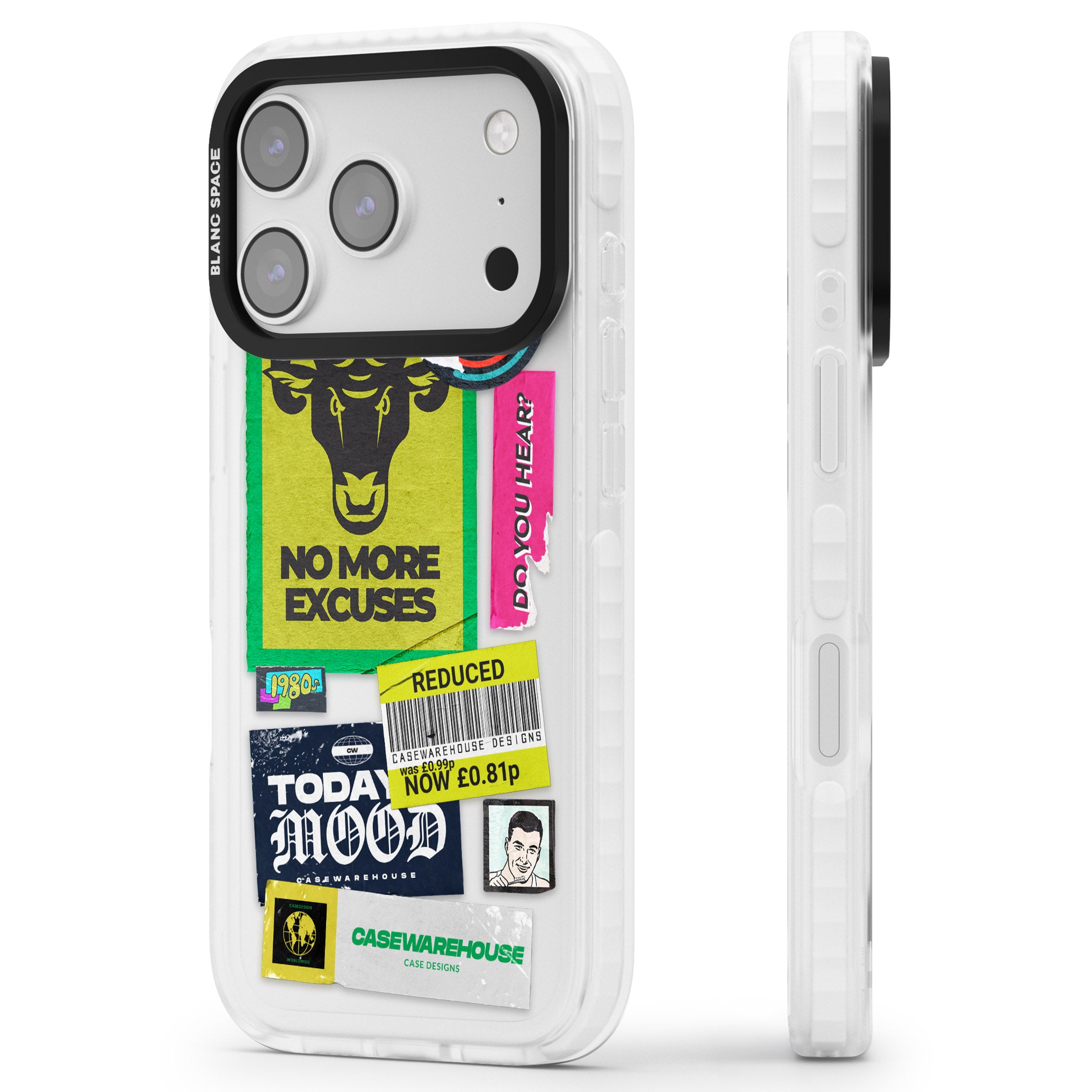 No More Excuses Sticker Mix iPhone 17 Pro Max Impact Clear Phone Case Side Profile
