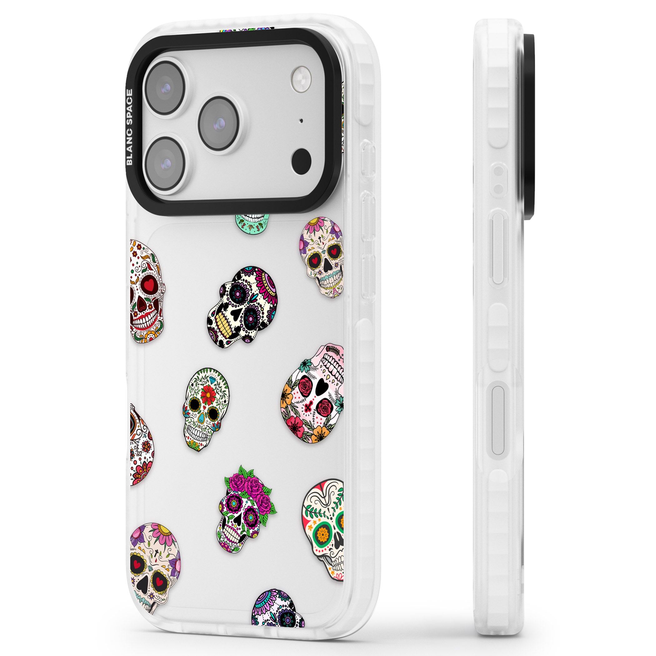 Mixed Sugar Skull Pattern iPhone 17 Pro Max Impact Clear Phone Case Side Profile