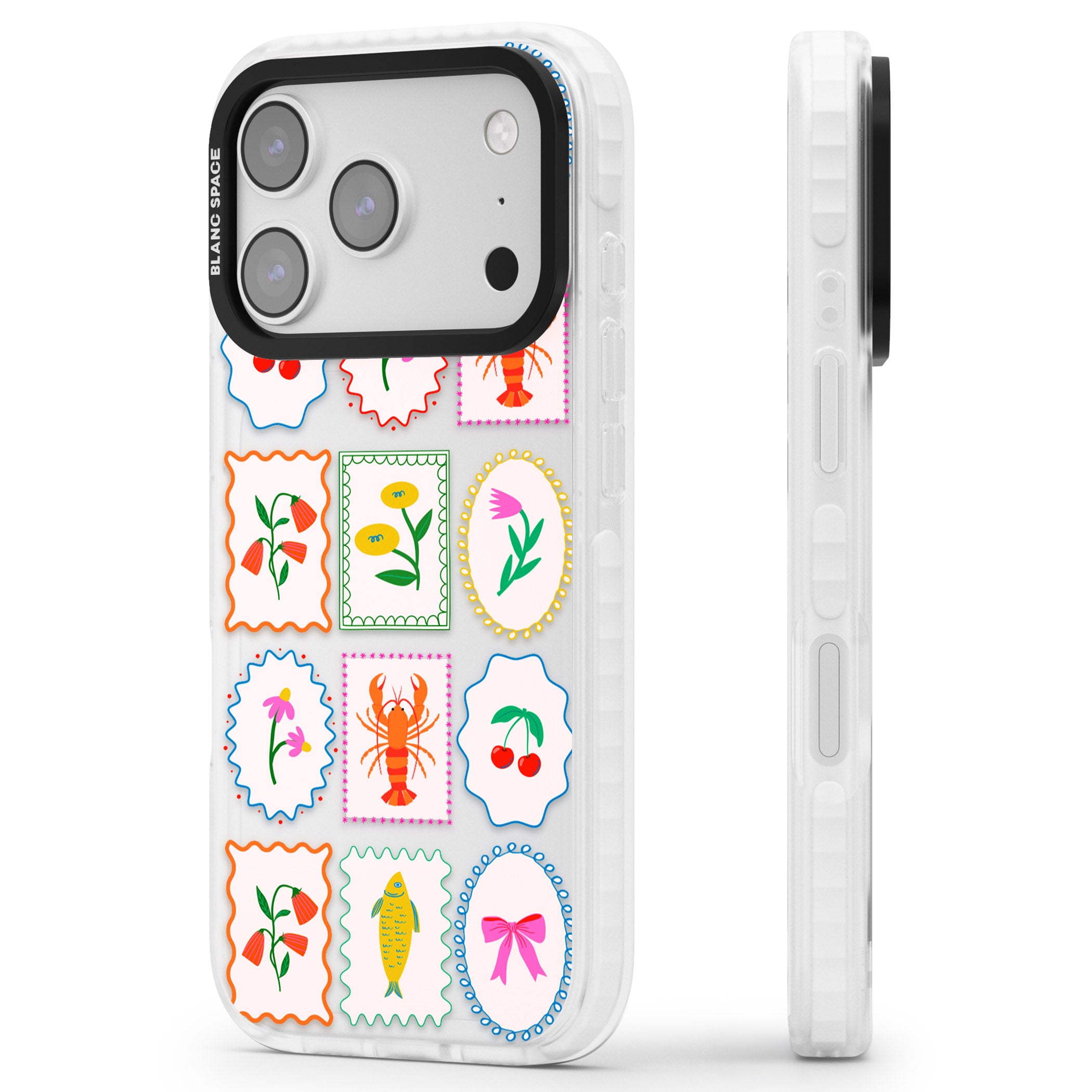Floral Seafood Stamps iPhone 17 Pro Max Impact Clear Phone Case Side Profile