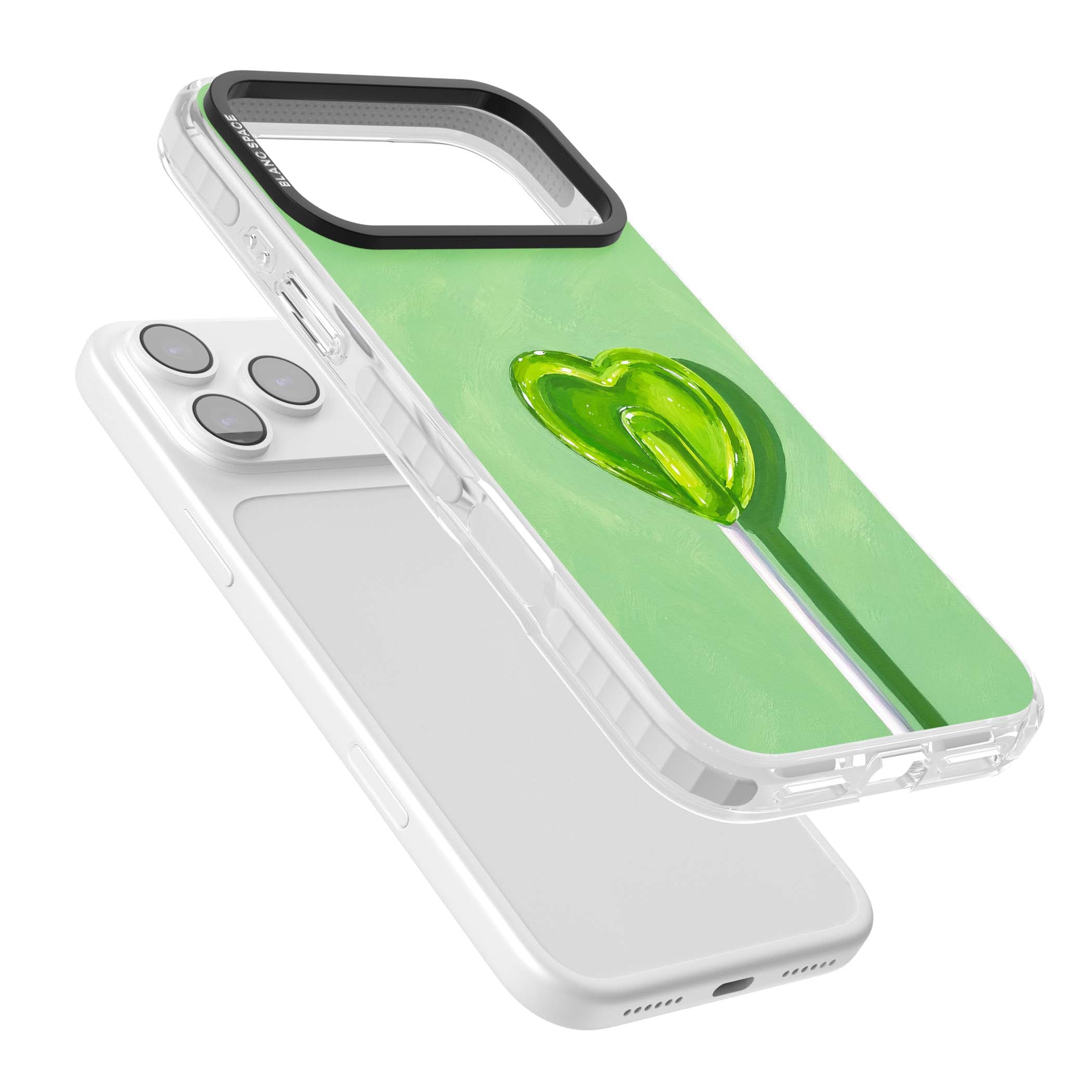 Green Lollipop candy art iPhone case featuring a glossy green heart-shaped lollipop on a painted pastel green background | Black Impact case for iPhone 17 Pro, iPhone 17 Pro Max