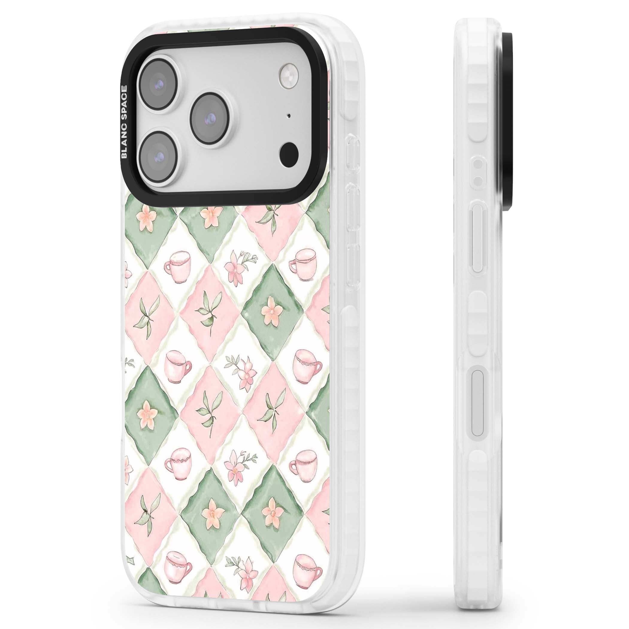 Garden Tea Party coquette iPhone case with pink and green checkered pattern, watercolour teacups and wildflowers | Black Impact case for iPhone 17 Pro, iPhone 17 Pro Max