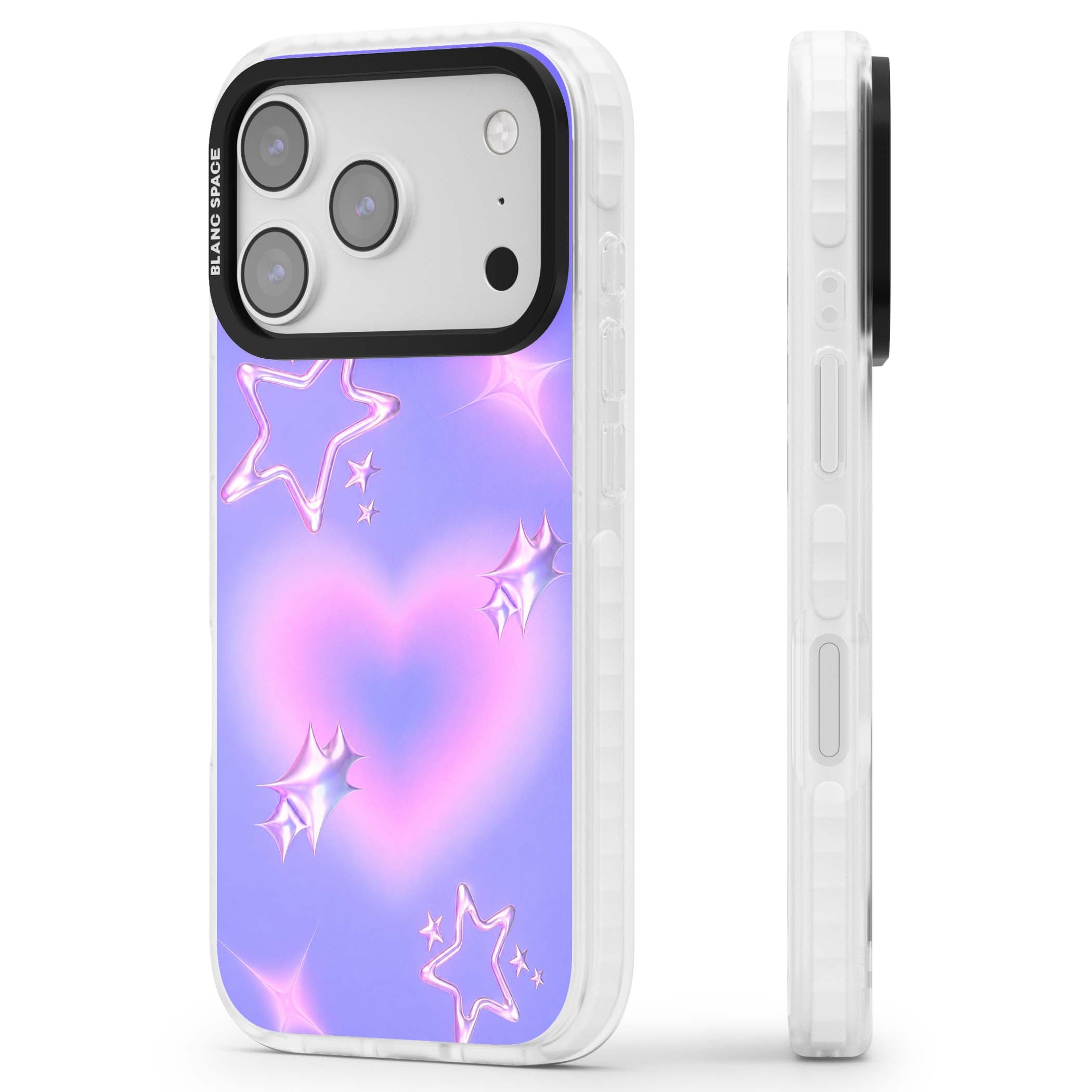 Soft Sugar Y2K iPhone case featuring iridescent chrome hearts, metallic pink stars and a lavender gradient sky | Black Impact case for iPhone 17 Pro, iPhone 17 Pro Max