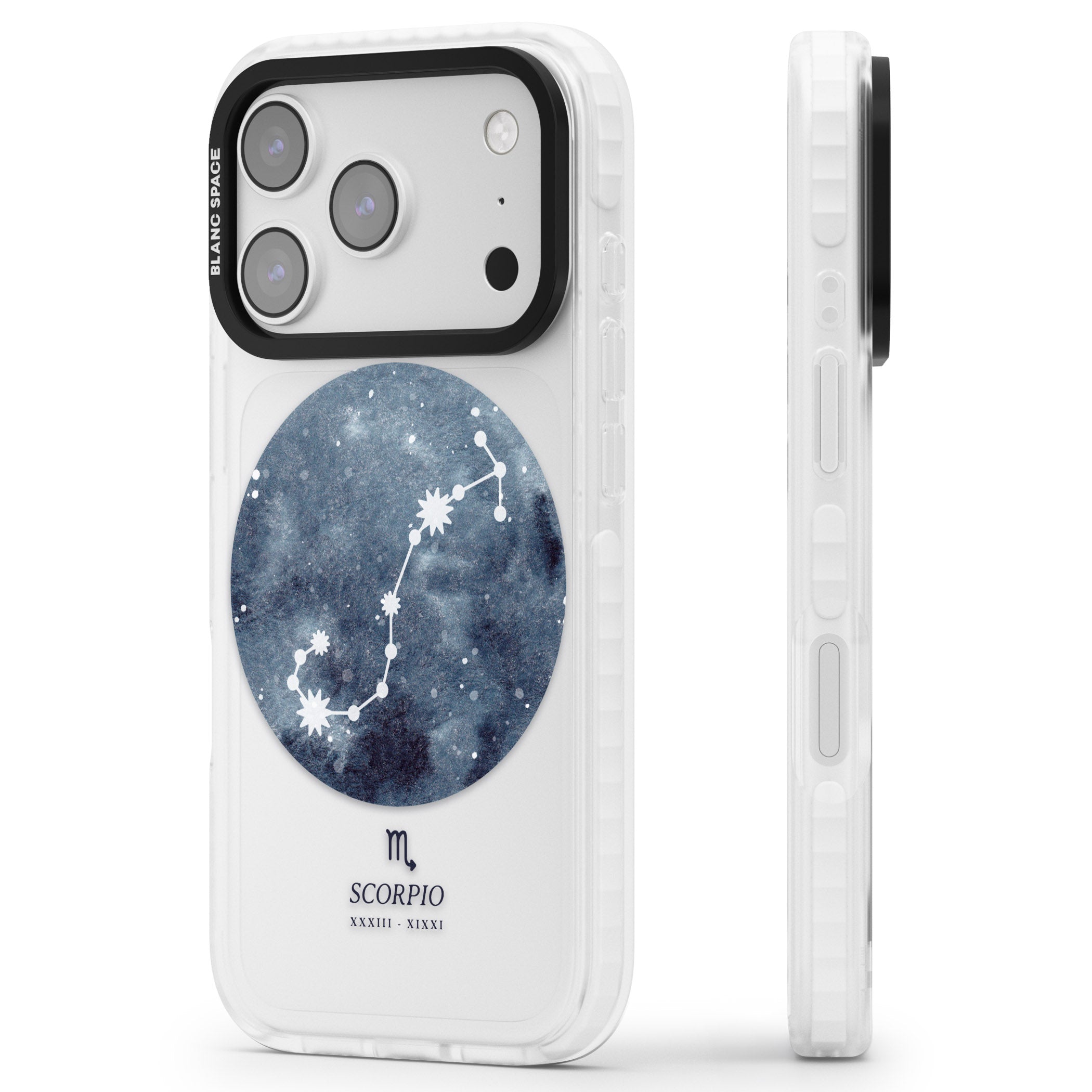 Scorpio Zodiac Blue iPhone 17 Pro Max Impact Clear Phone Case Side Profile