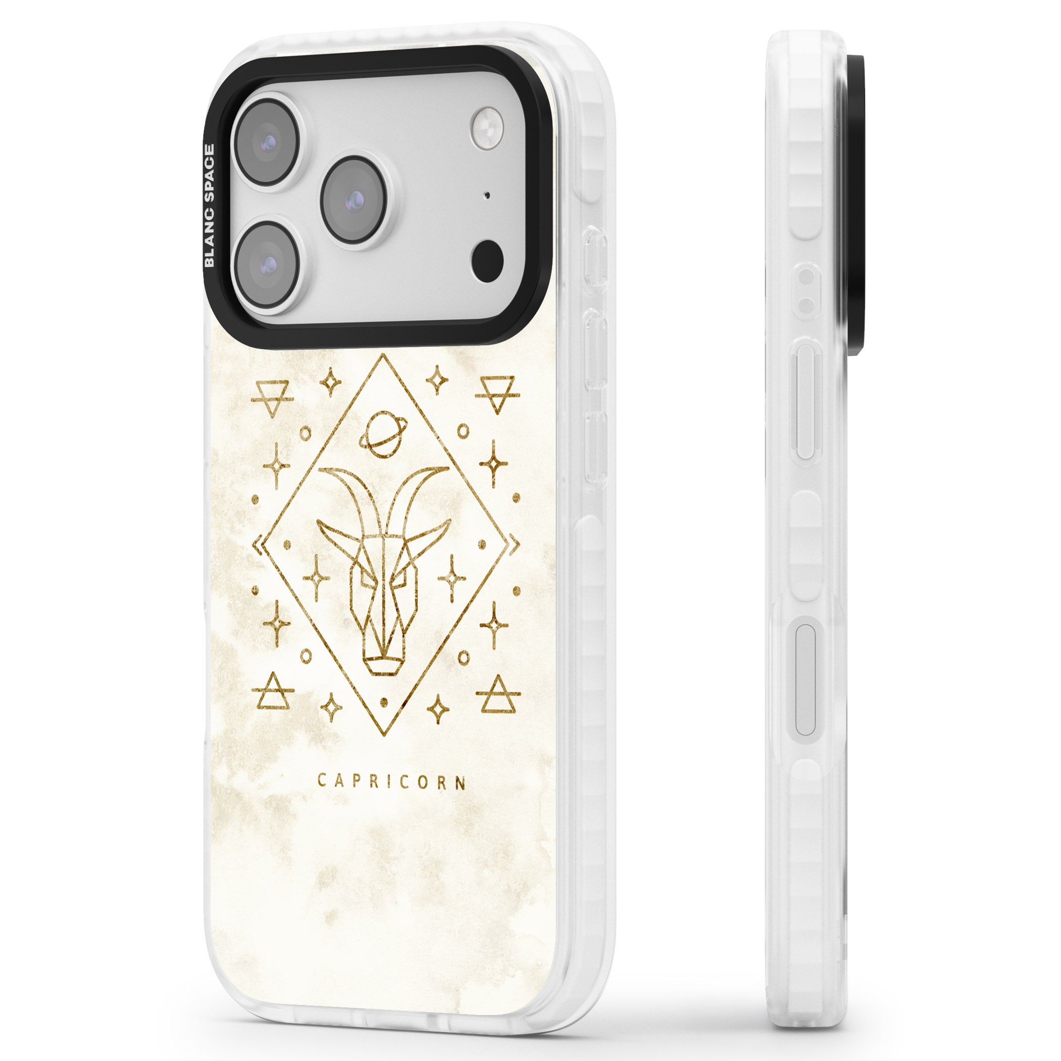 Capricorn Gold Zodiac Design iPhone 17 Pro Max Impact Clear Phone Case Side Profile