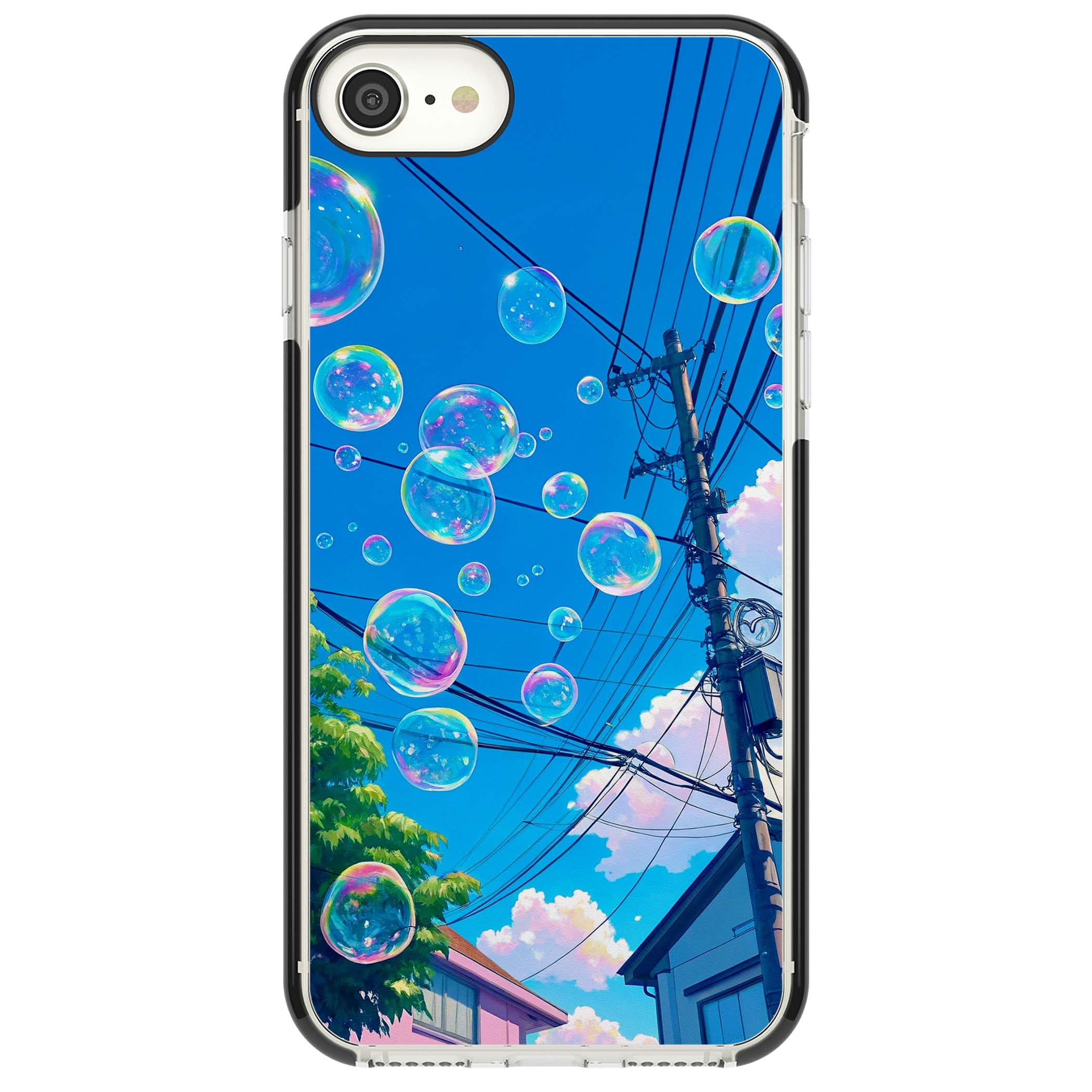 Suburban Bubbles anime iPhone case featuring iridescent soap bubbles, blue sky and Japanese telephone wires | Black Impact case for iPhone SE