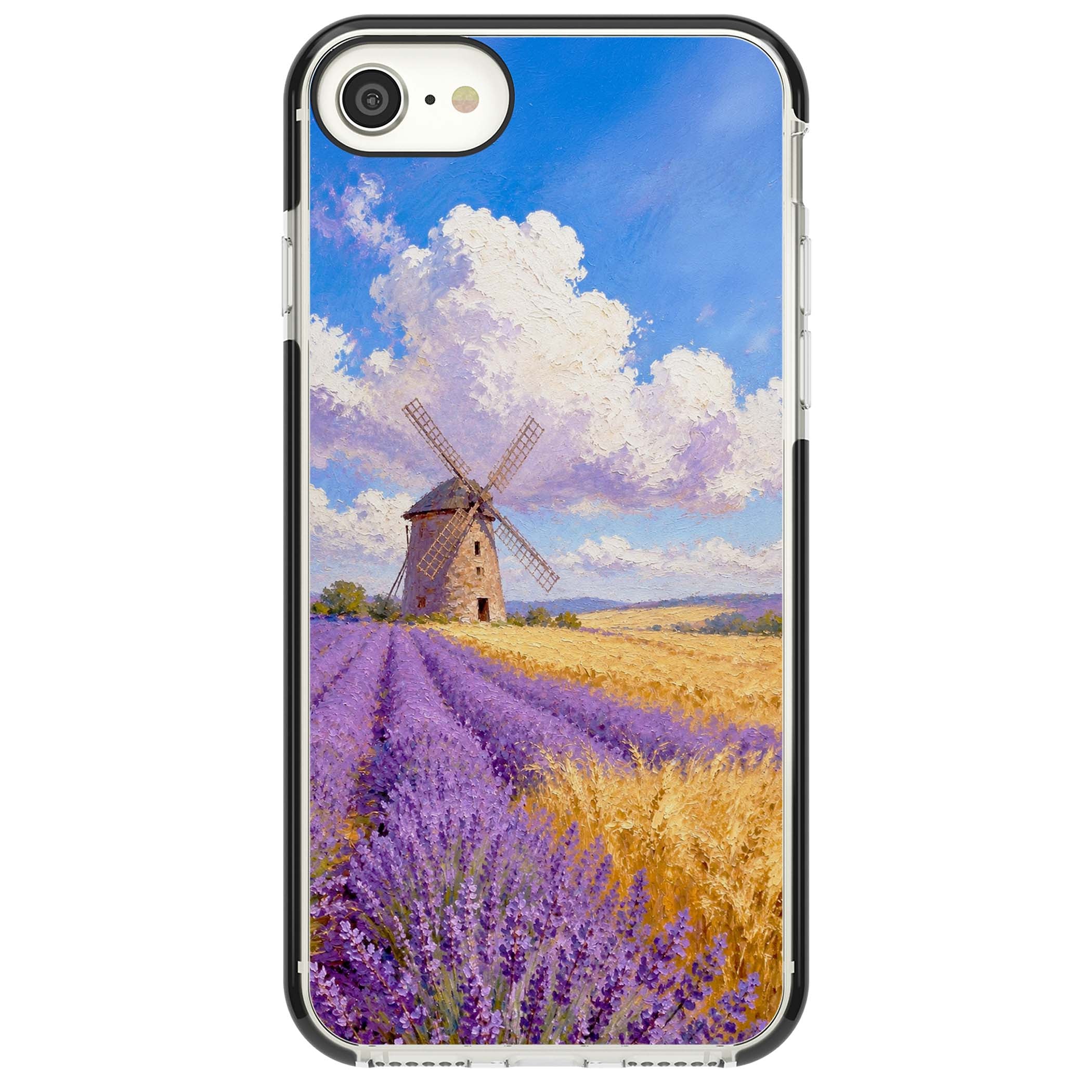 Lavender Mill cottagecore iPhone case featuring a French windmill, lavender field and golden wheat oil painting | Black Impact case for iPhone SE