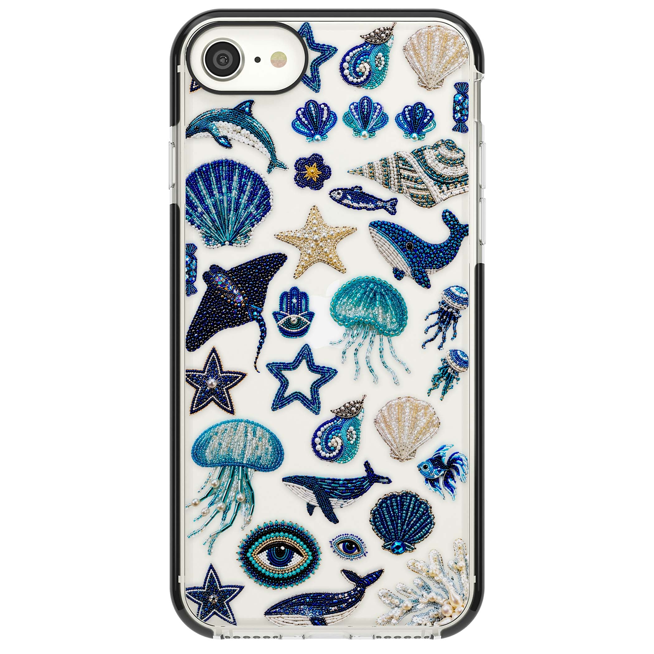 Beaded Coastal coastal iPhone case featuring embroidered seashells, jellyfish and a blue whale on clear | Black Impact case for iPhone SE