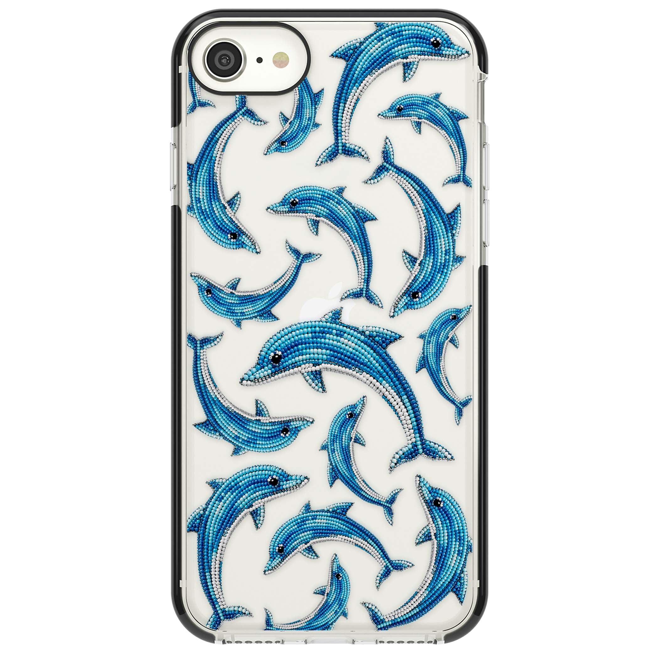 Beaded Dolphins coastal iPhone case featuring beaded dolphins in blue and white swimming across a clear background | Black Impact case for iPhone SE