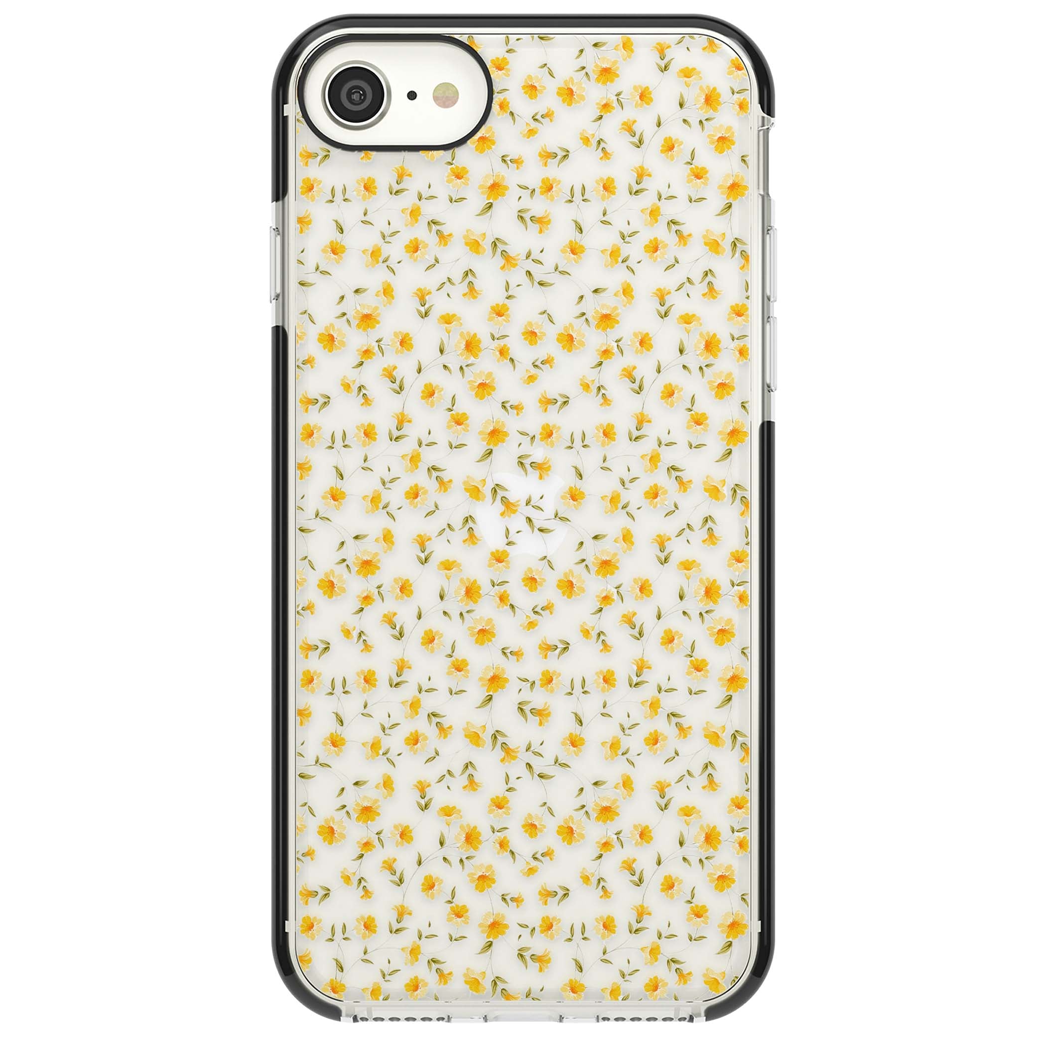 Buttercup wildflower iPhone case featuring tiny yellow flowers and trailing green vines on clear | Black Impact case for iPhone SE