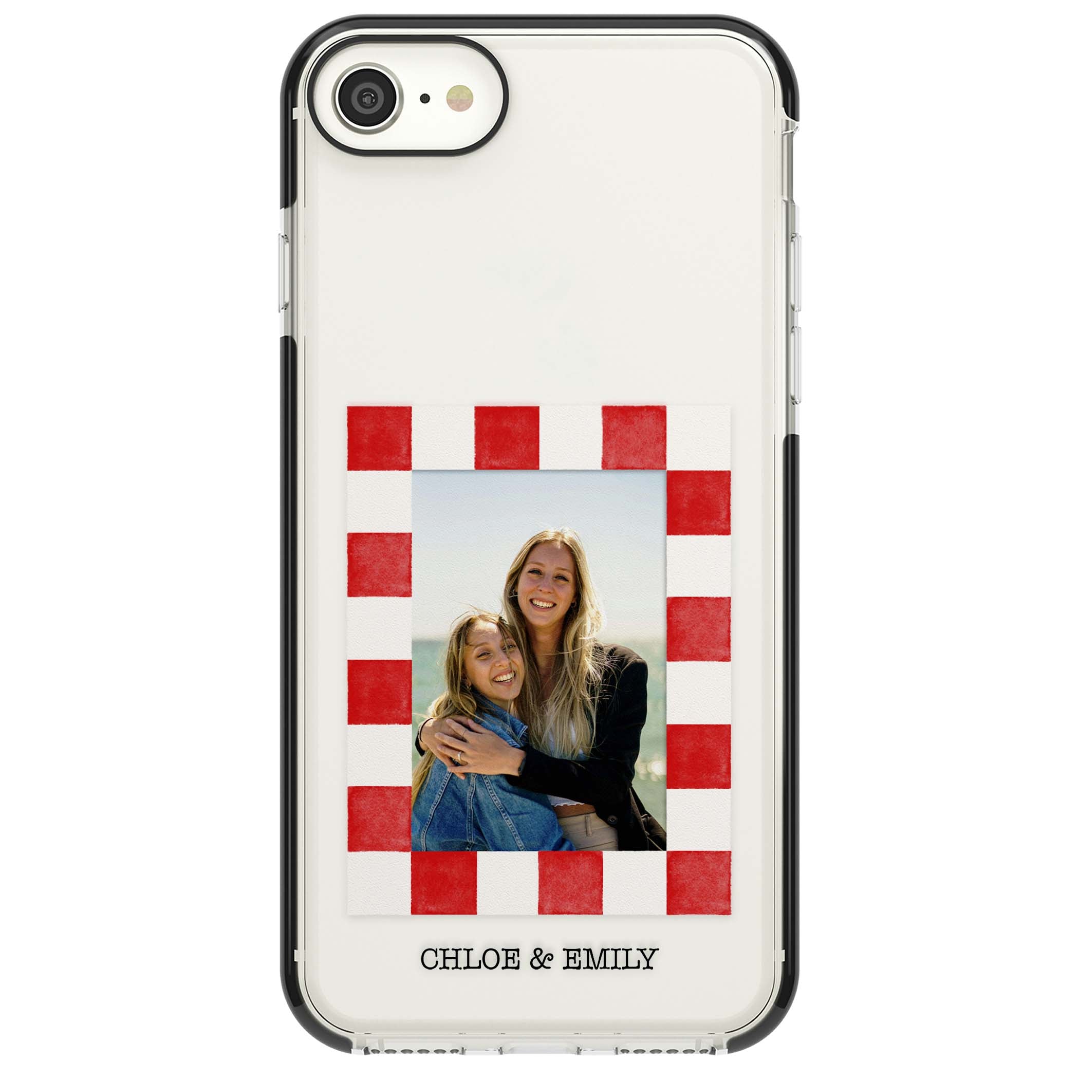 Red Check Photo personalised photo iPhone case with red and white checkered polaroid frame and custom couple name | Black Impact case for iPhone SE