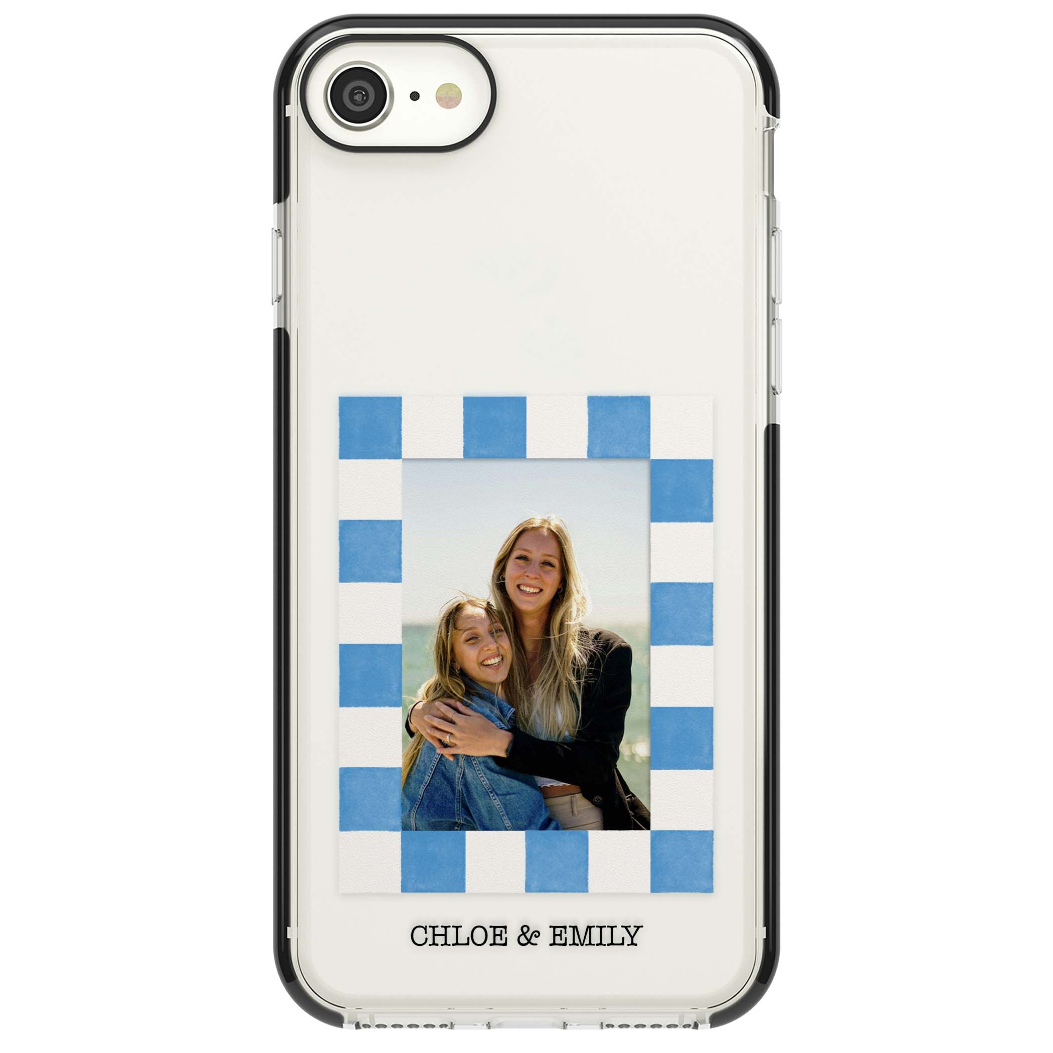 Blue Check Photo personalised photo iPhone case with blue checkered frame and custom couple names | Black Impact case for iPhone SE