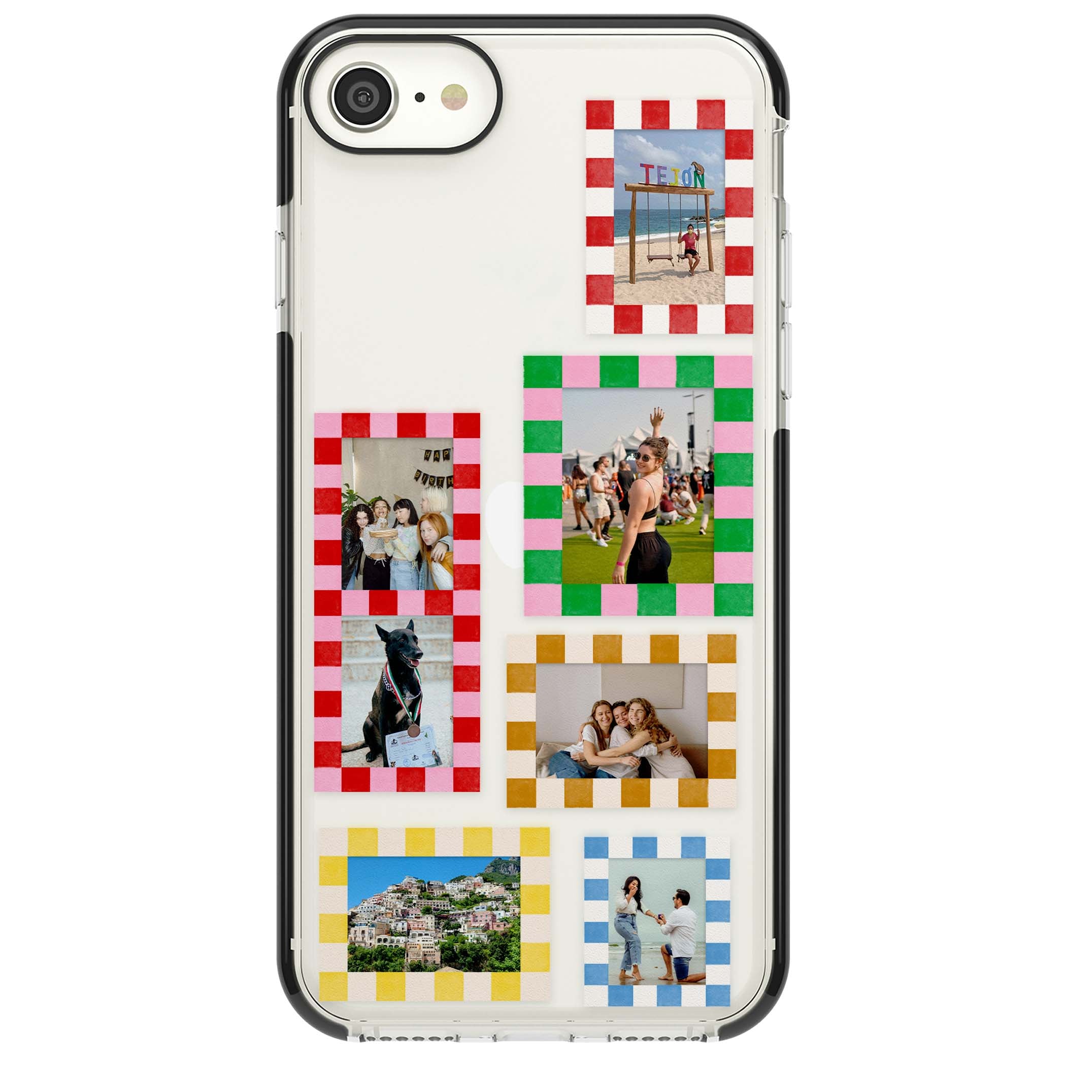 Italian Check Frames custom photo collage iPhone case featuring six checkered photo frames in red, green, pink and  | Black Impact case for iPhone SE