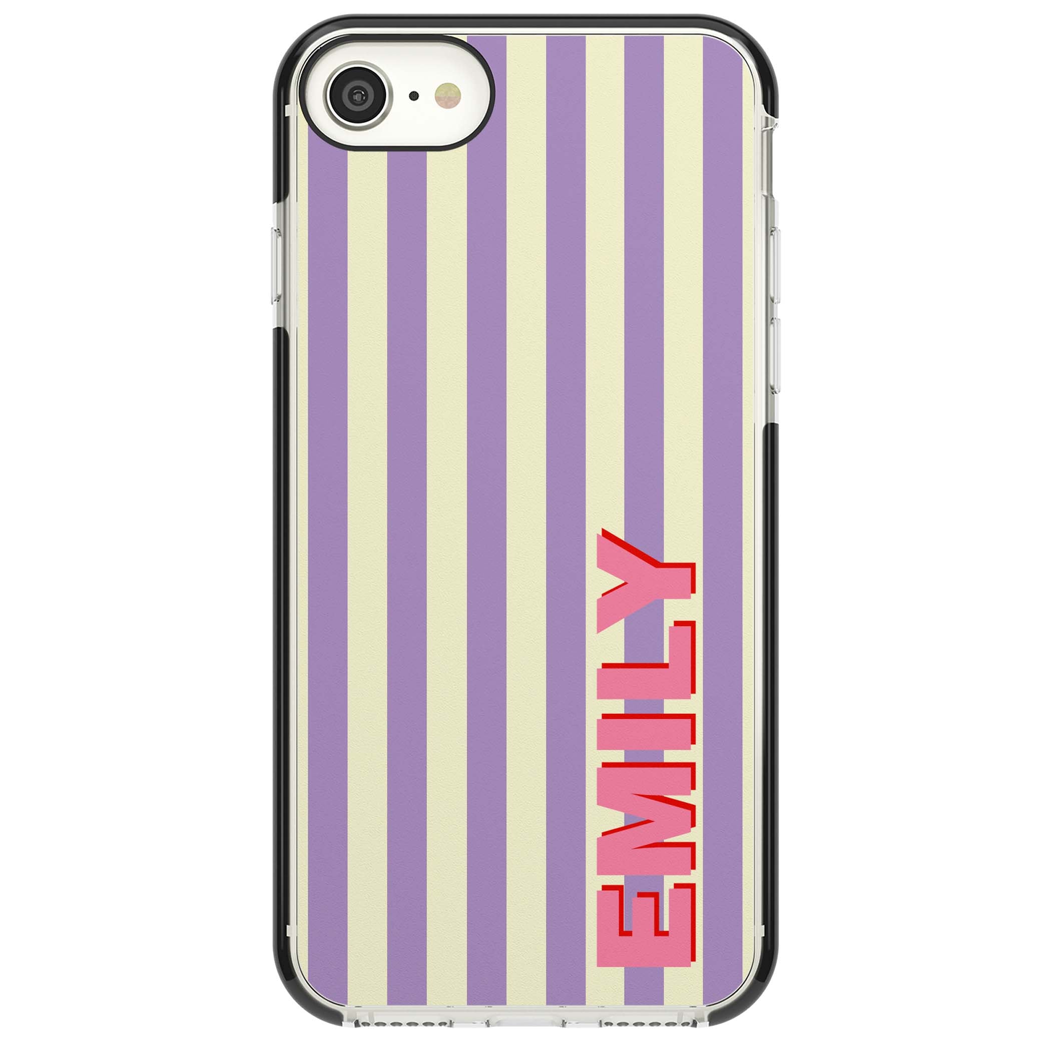 Valensole Stripe personalised iPhone case with purple and cream vertical stripes and pink custom name | Black Impact case for iPhone SE