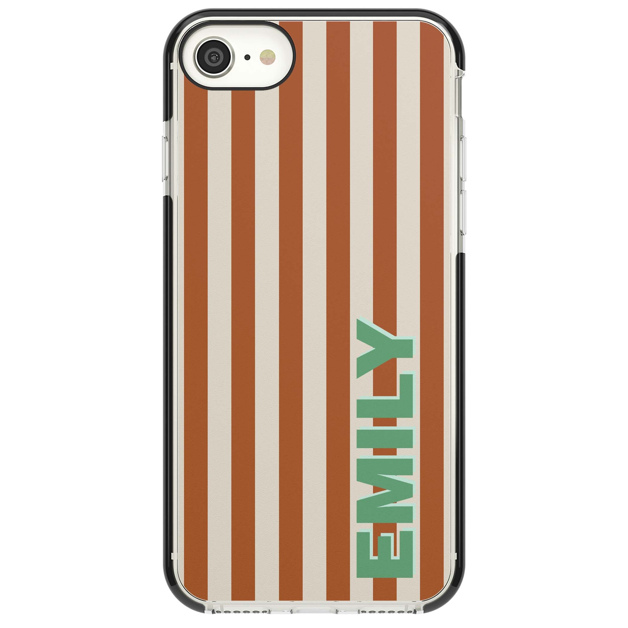 Dune Stripe personalised iPhone case with rust and cream vertical stripes and custom name in mint green | Black Impact case for iPhone SE