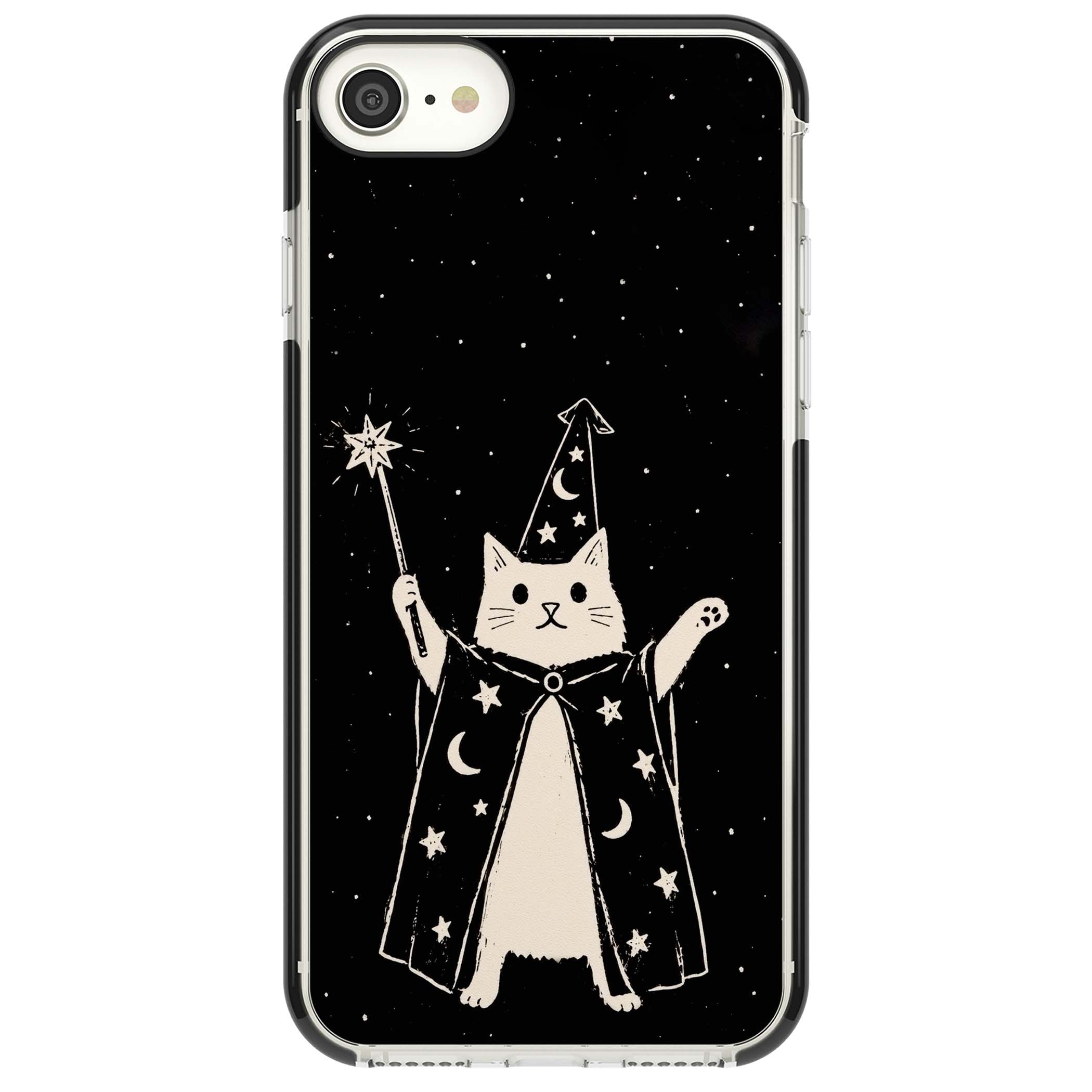 Whisker Wizard celestial cat iPhone case featuring a wizard cat with magic wand, starry night sky and crescent moons | Black Impact case for iPhone SE