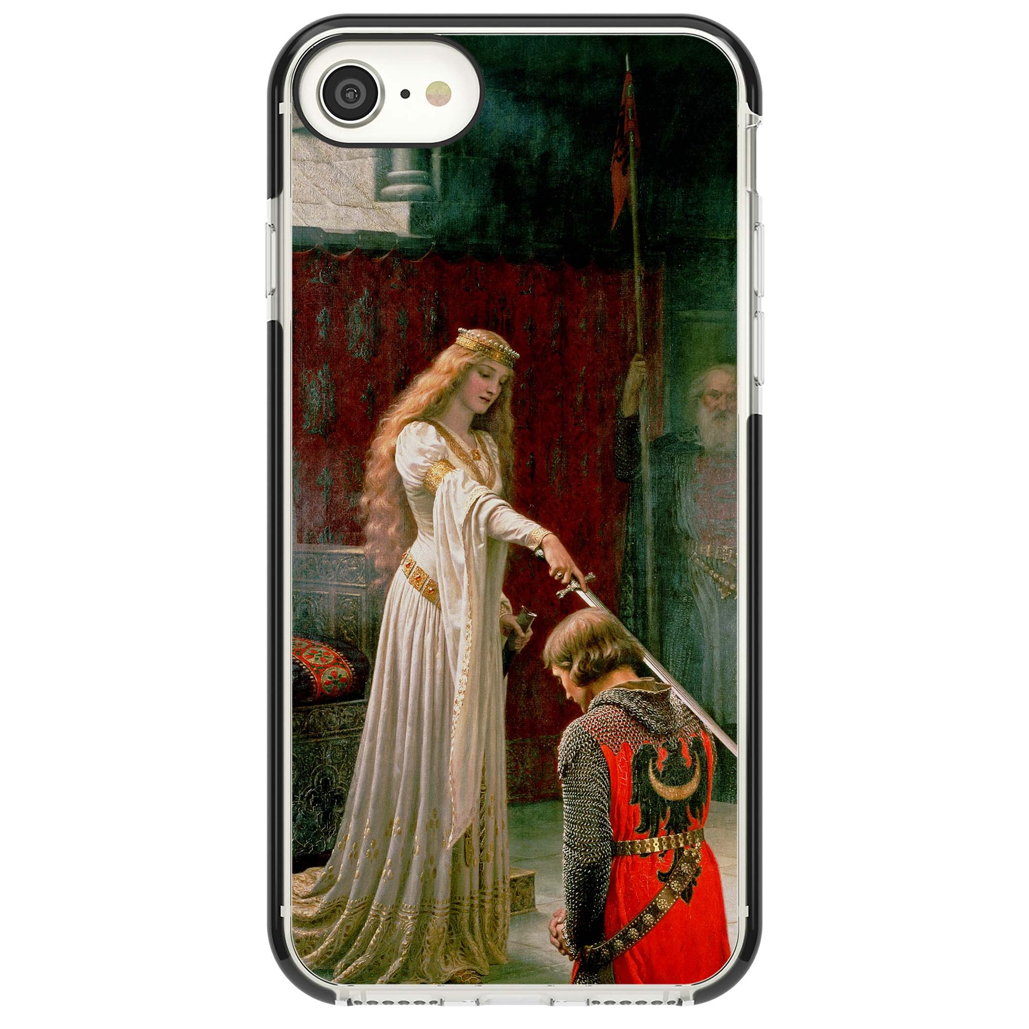 The Accolade renaissance art iPhone case featuring Edmund Blair Leighton's painting of a queen knighting a kneeling knight | Black Impact case for iPhone SE