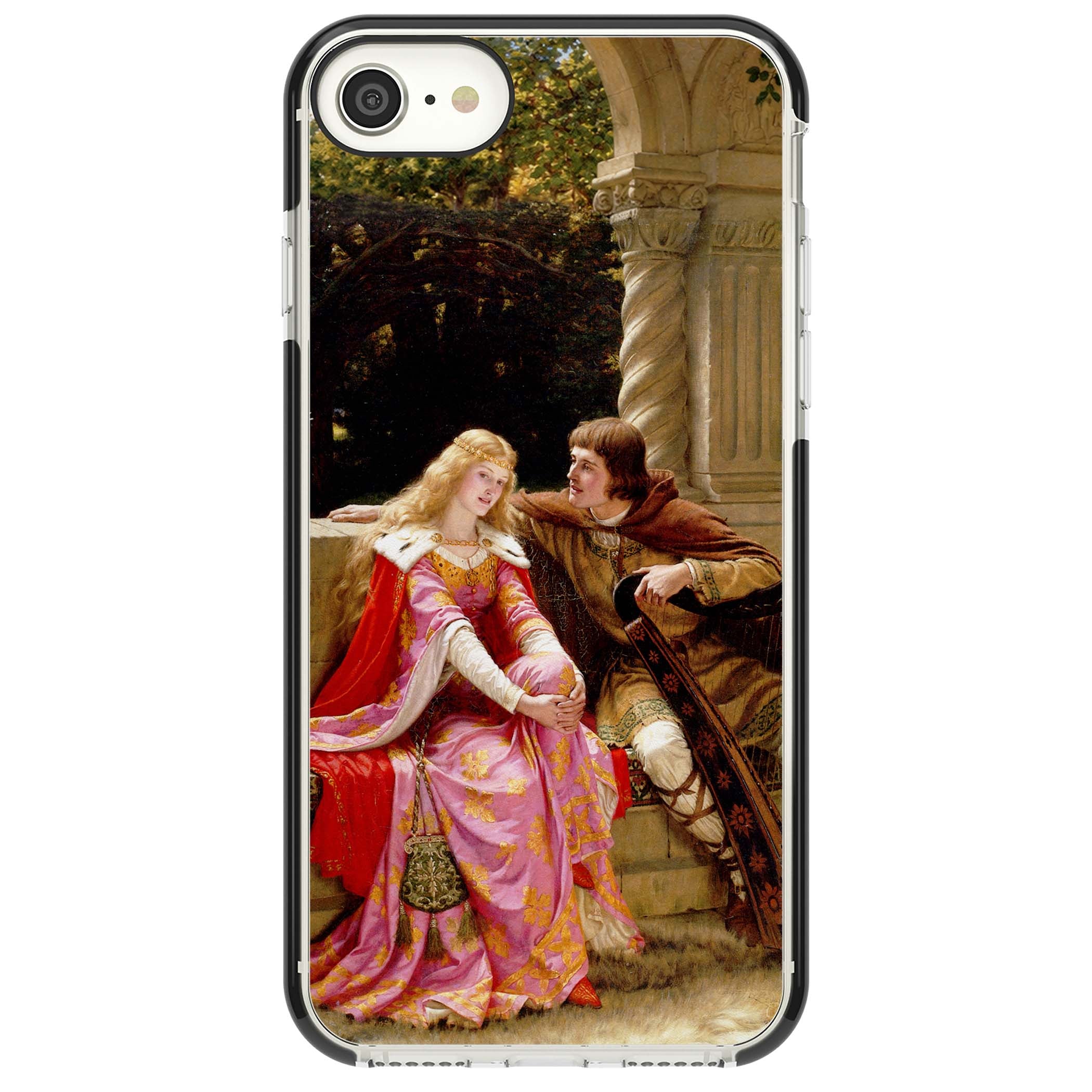 The End of the Song classic art iPhone case featuring a medieval lady in pink gown and her knight in a stone archway | Black Impact case for iPhone SE