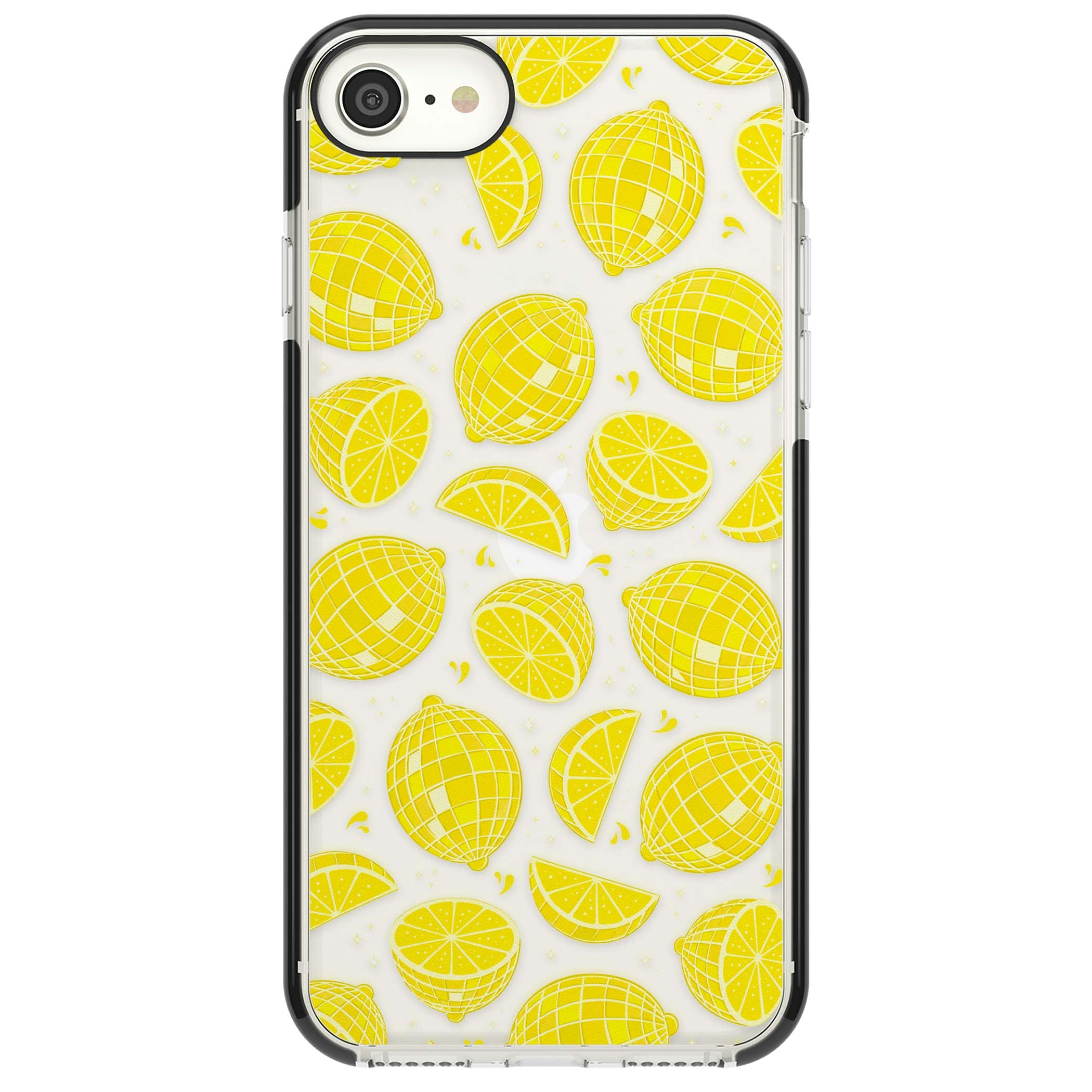 Disco Lemons citrus iPhone case featuring mirrorball lemons, sliced fruit and sparkle accents | Black Impact case for iPhone SE