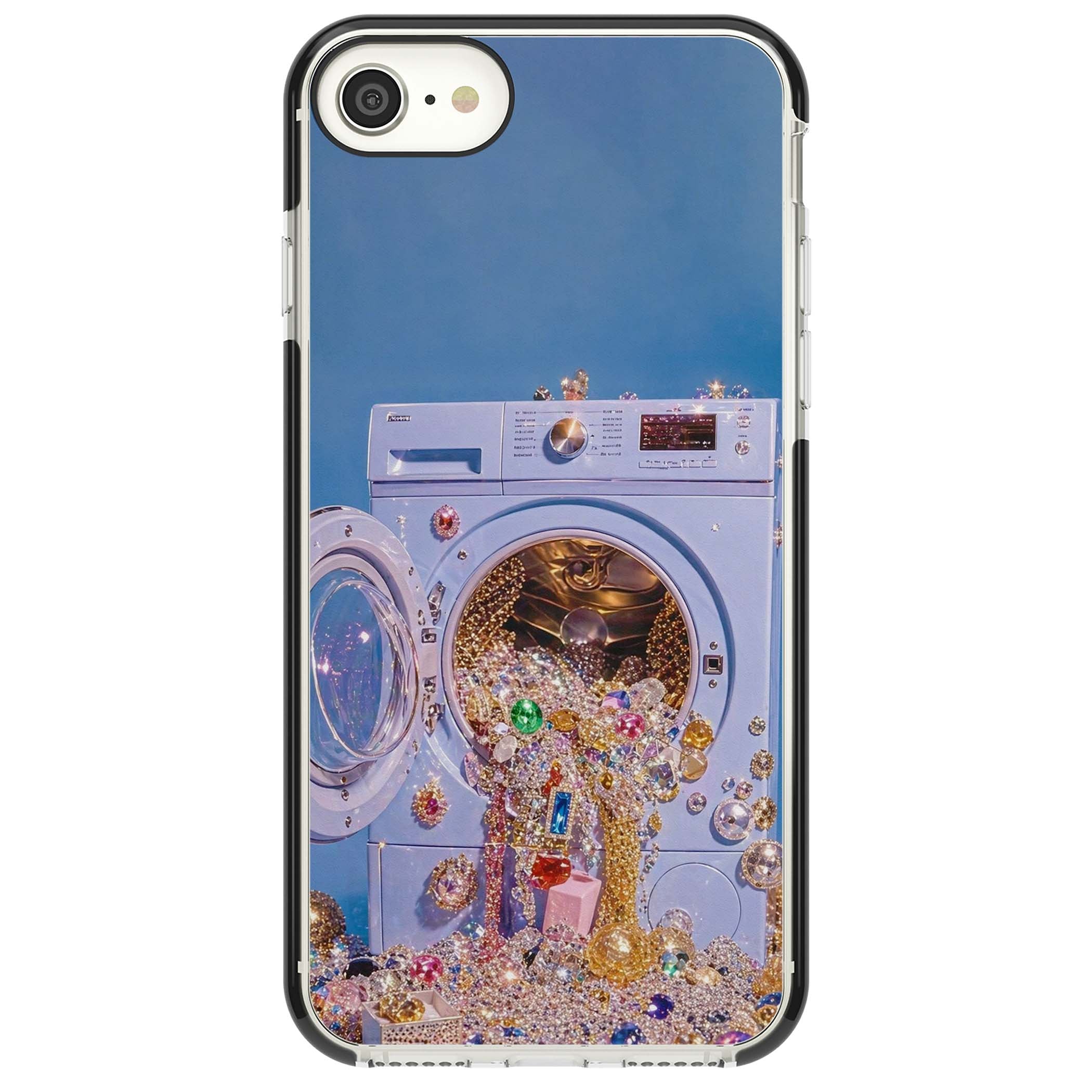 Gem Laundry baddie iPhone case featuring a surreal washing machine overflowing with colourful gemstones and crystals | Black Impact case for iPhone SE