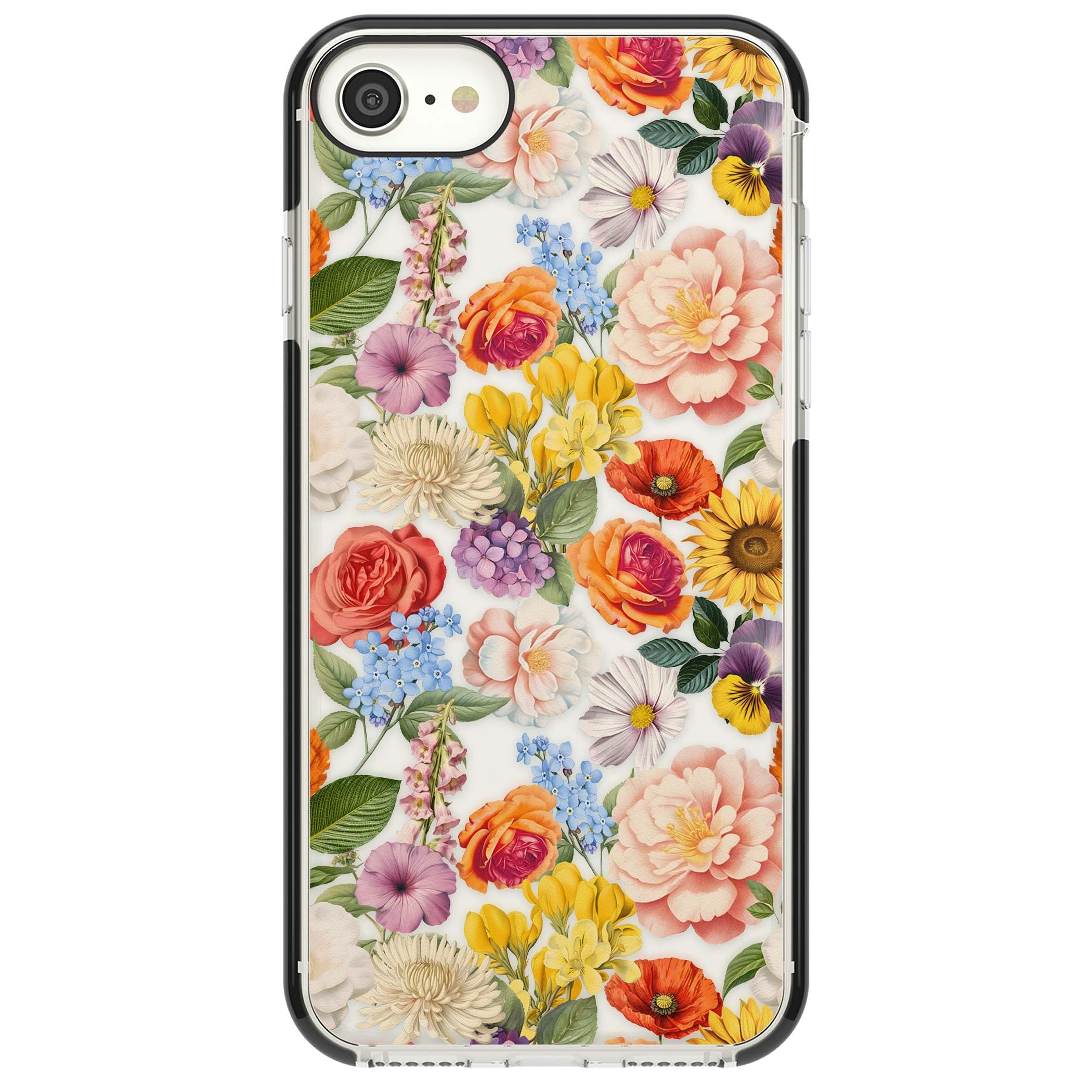 Bloom Basket floral iPhone case featuring cottage garden flowers including peonies, sunflowers, and wildflowers in pastel col | Black Impact case for iPhone SE