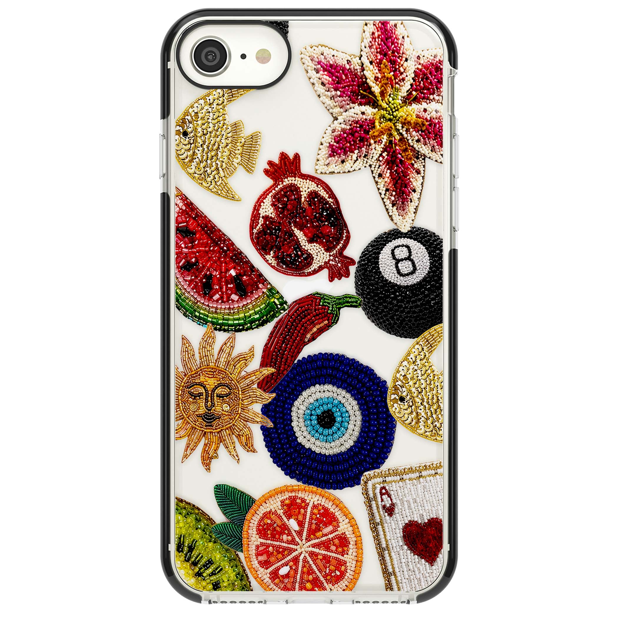 Beaded Charms embroidery iPhone case featuring beaded evil eye, fruit patches and a golden sun motif | Black Impact case for iPhone SE