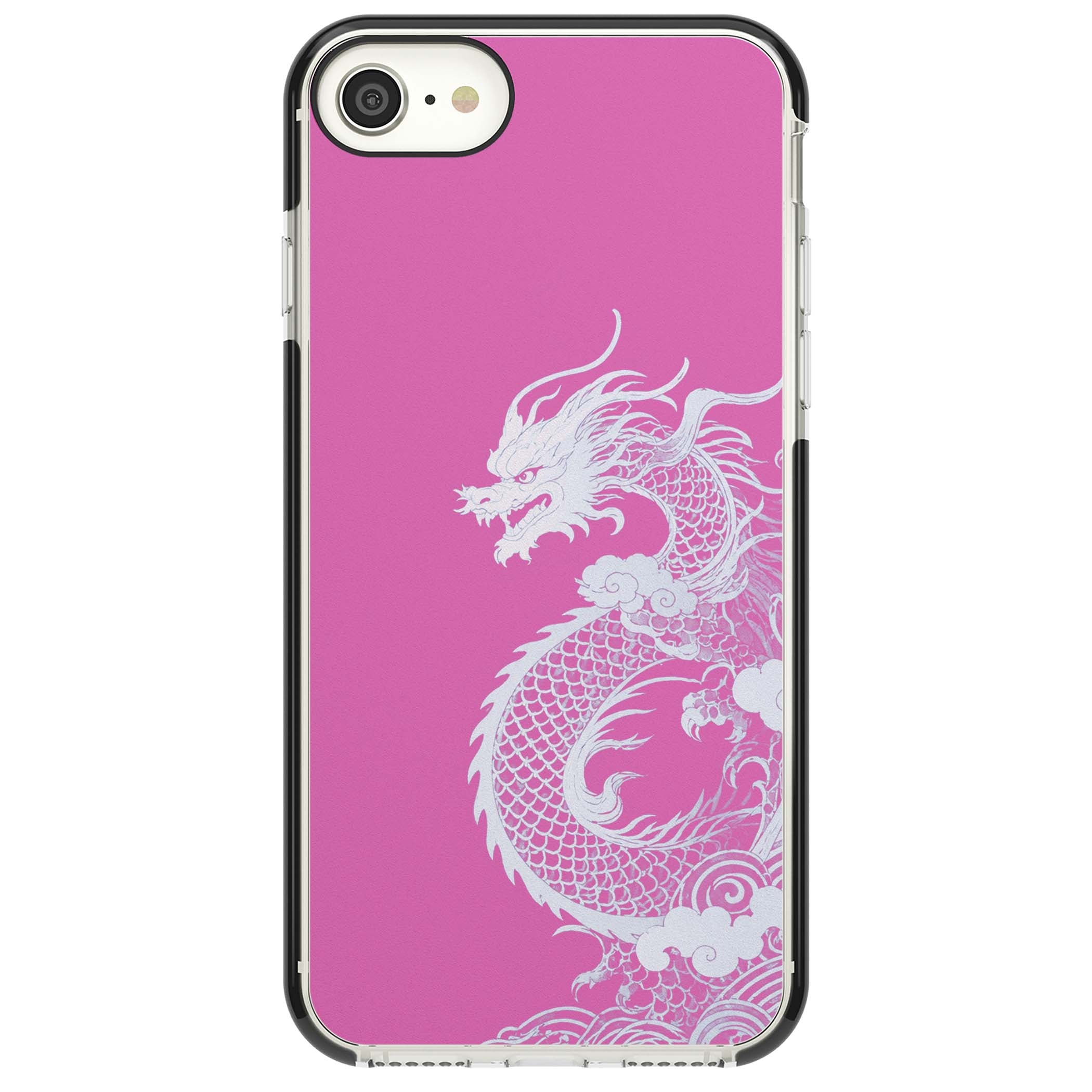 Pink Empress chinese dragon iPhone case featuring a white dragon, swirling clouds and pink dragon wallpaper backdrop | Black Impact case for iPhone SE