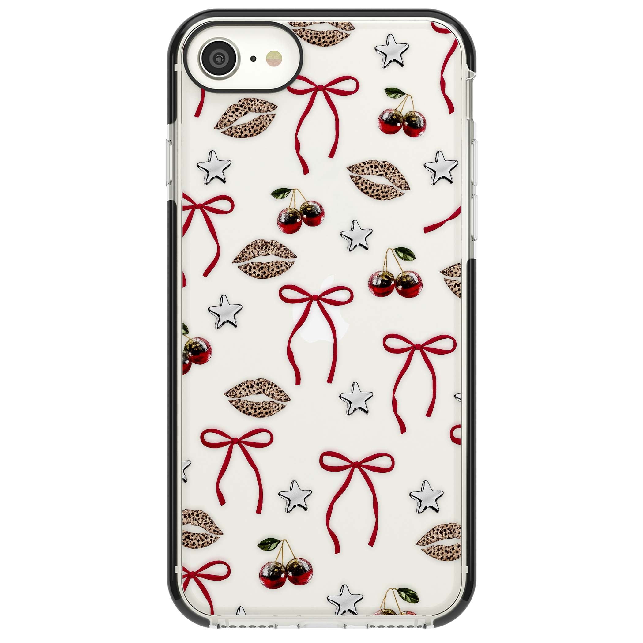 Starlet coquette iPhone case featuring red ribbon bows, disco cherries and leopard-print lips | Black Impact case for iPhone SE