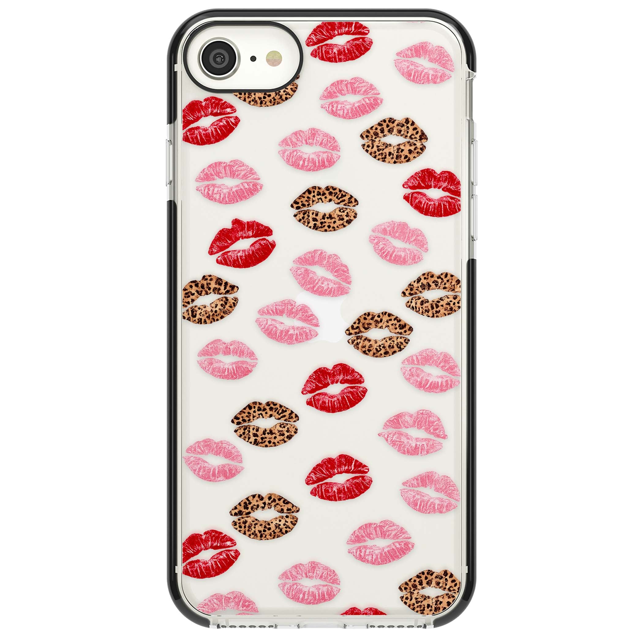 Wild Kisses coquette iPhone case featuring red, pink and leopard print lipstick kiss marks on a clear background | Black Impact case for iPhone SE
