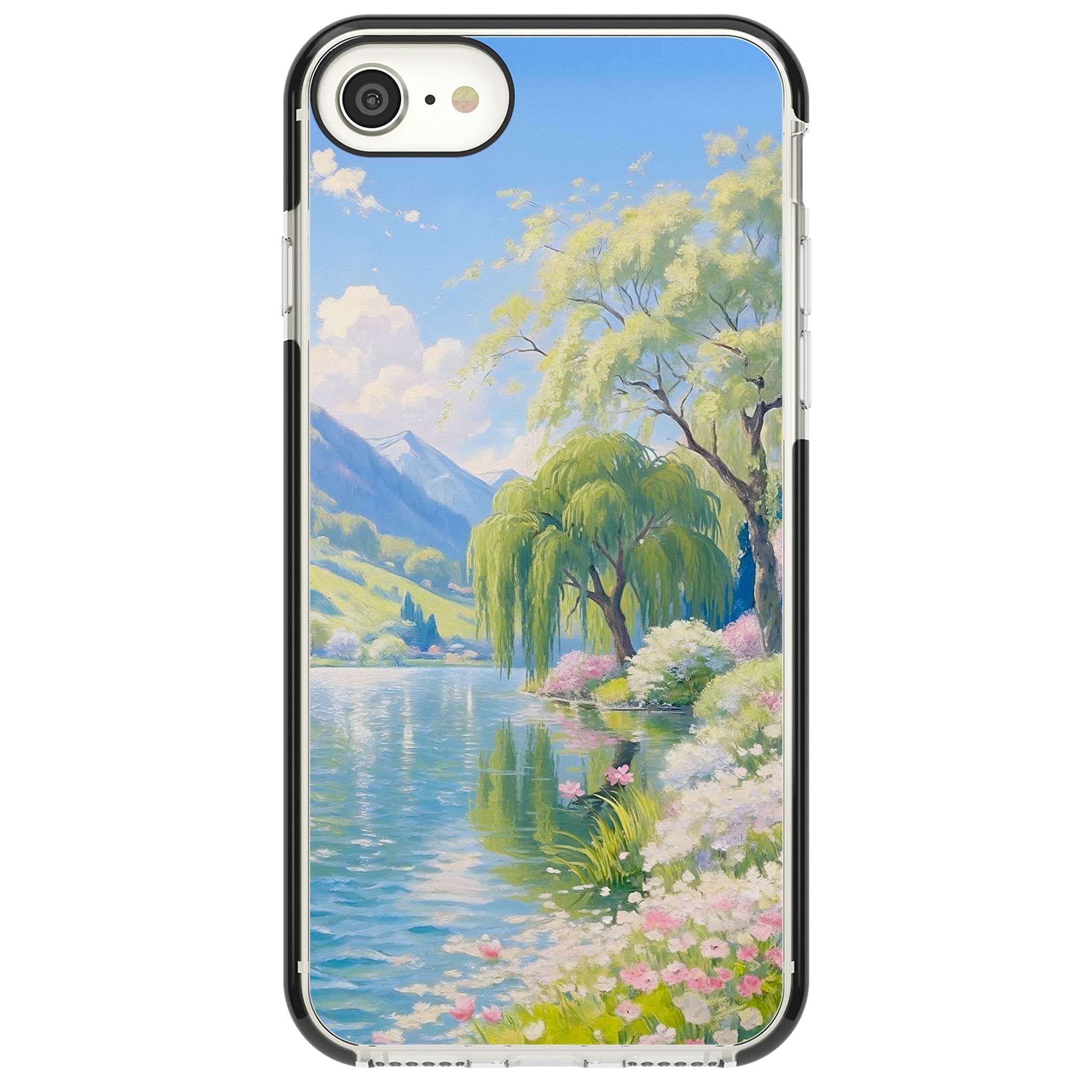 Willow Lake cottagecore iPhone case featuring a painted lakeside with weeping willow, blossoms and distant mountains | Black Impact case for iPhone SE