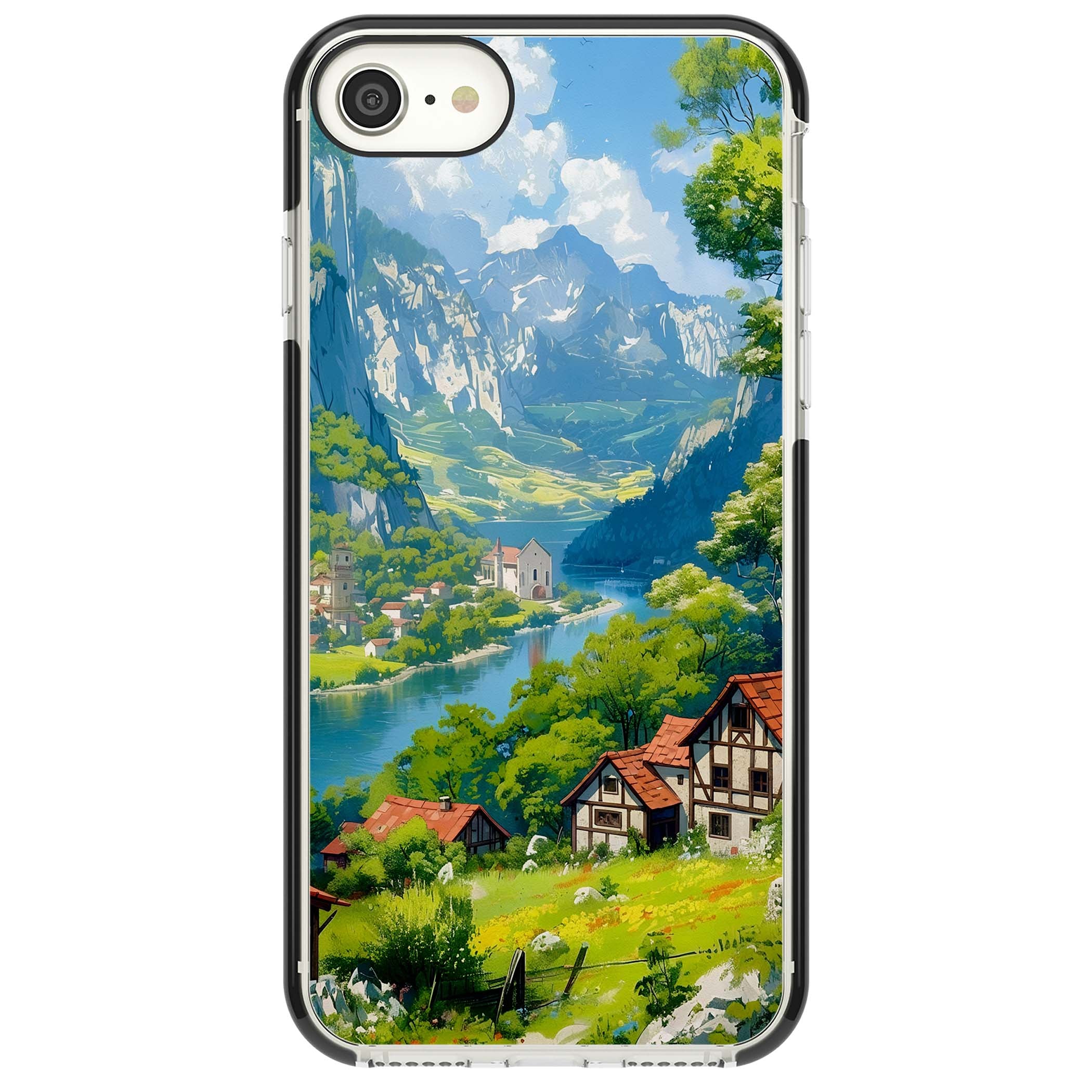 Village In The Valley anime iPhone case featuring a painted mountain village, river valley and half-timbered cottages. | Black Impact case for iPhone SE