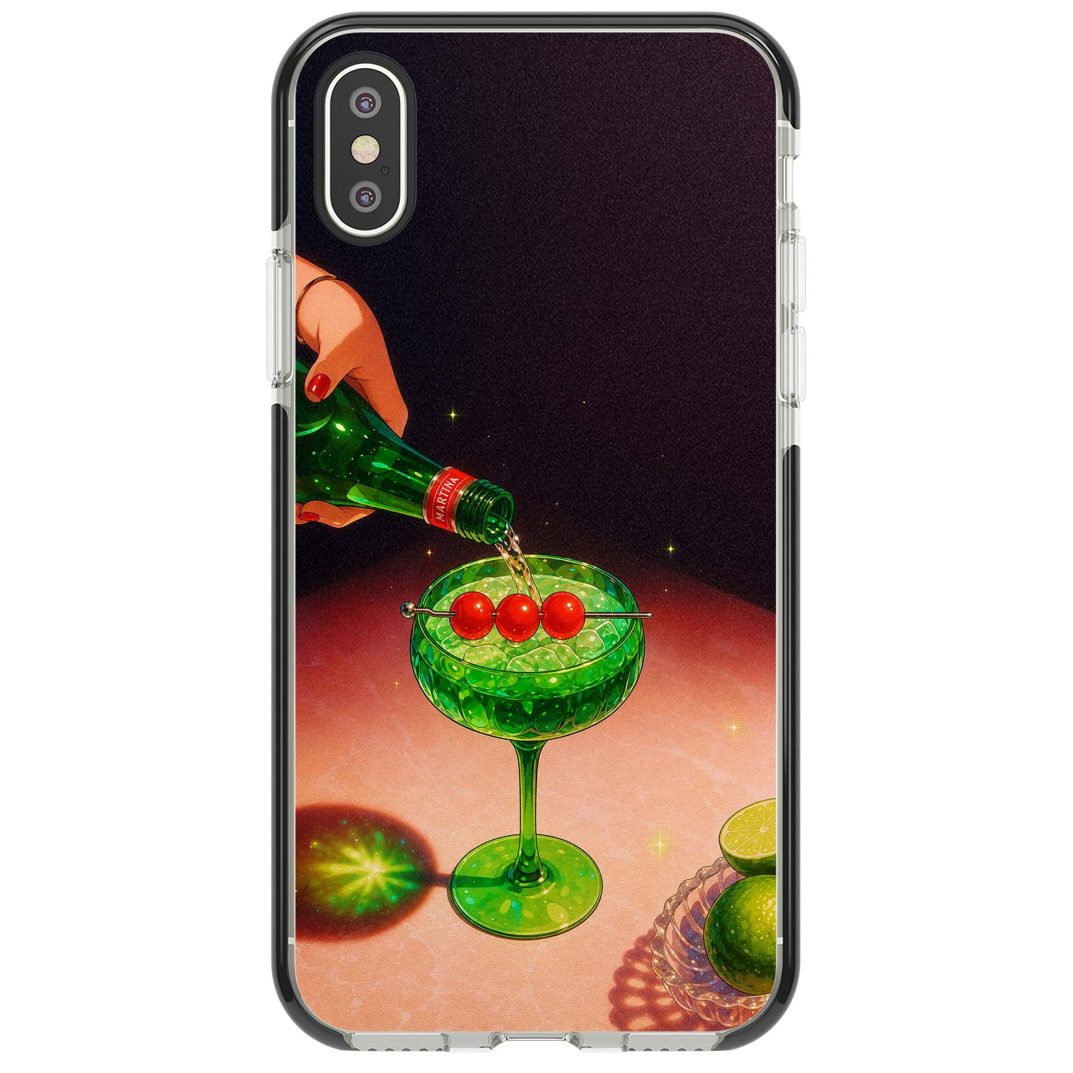 Absinthe Hour cocktail iPhone case featuring a green coupe glass, cherry garnish and vintage bottle pour illustration | Black Impact case for iPhone X, iPhone XS Max, iPhone XR