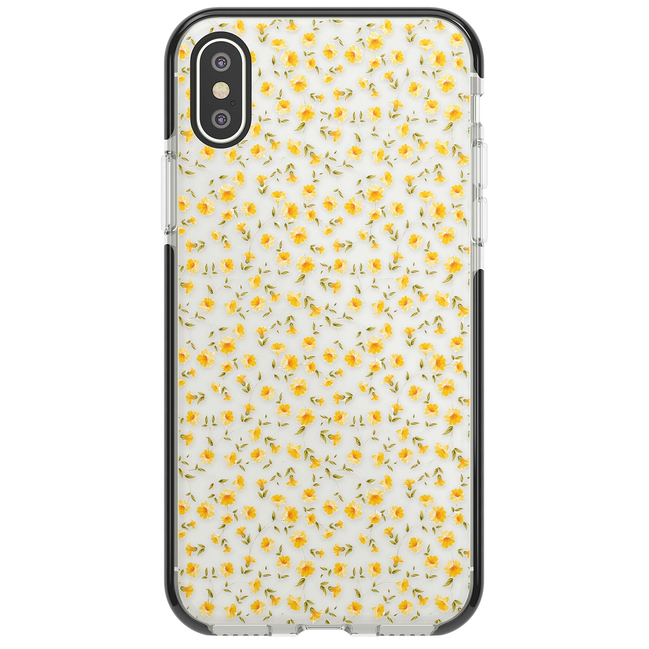 Buttercup wildflower iPhone case featuring tiny yellow flowers and trailing green vines on clear | Black Impact case for iPhone X, iPhone XS Max, iPhone XR