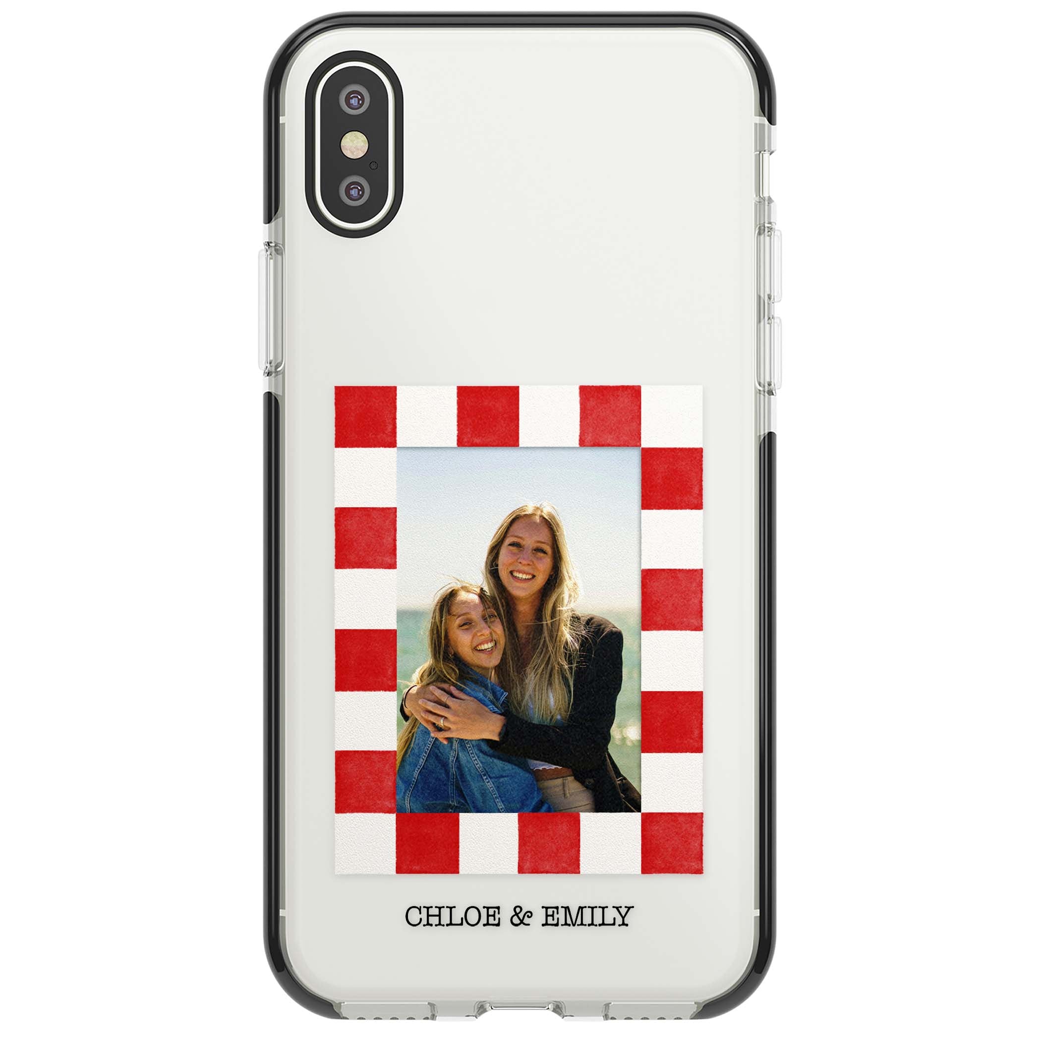 Red Check Photo personalised photo iPhone case with red and white checkered polaroid frame and custom couple name | Black Impact case for iPhone X, iPhone XS Max, iPhone XR