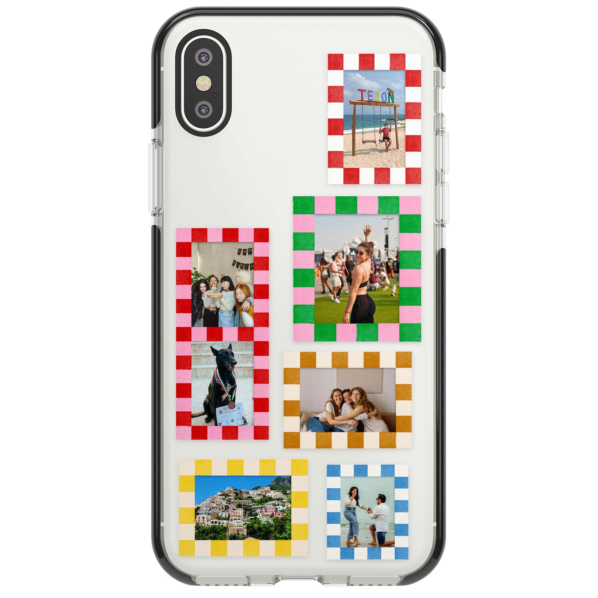 Italian Check Frames custom photo collage iPhone case featuring six checkered photo frames in red, green, pink and  | Black Impact case for iPhone X, iPhone XS Max, iPhone XR