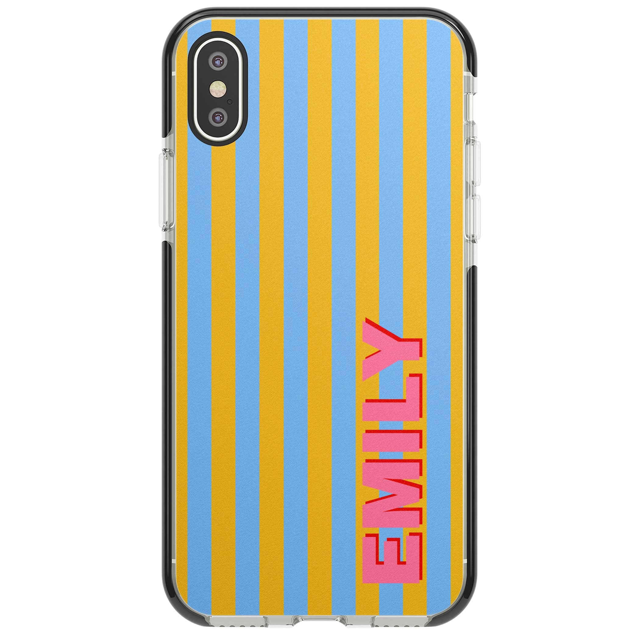 Carribean Stripe personalised coastal iPhone case with yellow and blue vertical stripes and a custom pink name | Black Impact case for iPhone X, iPhone XS Max, iPhone XR