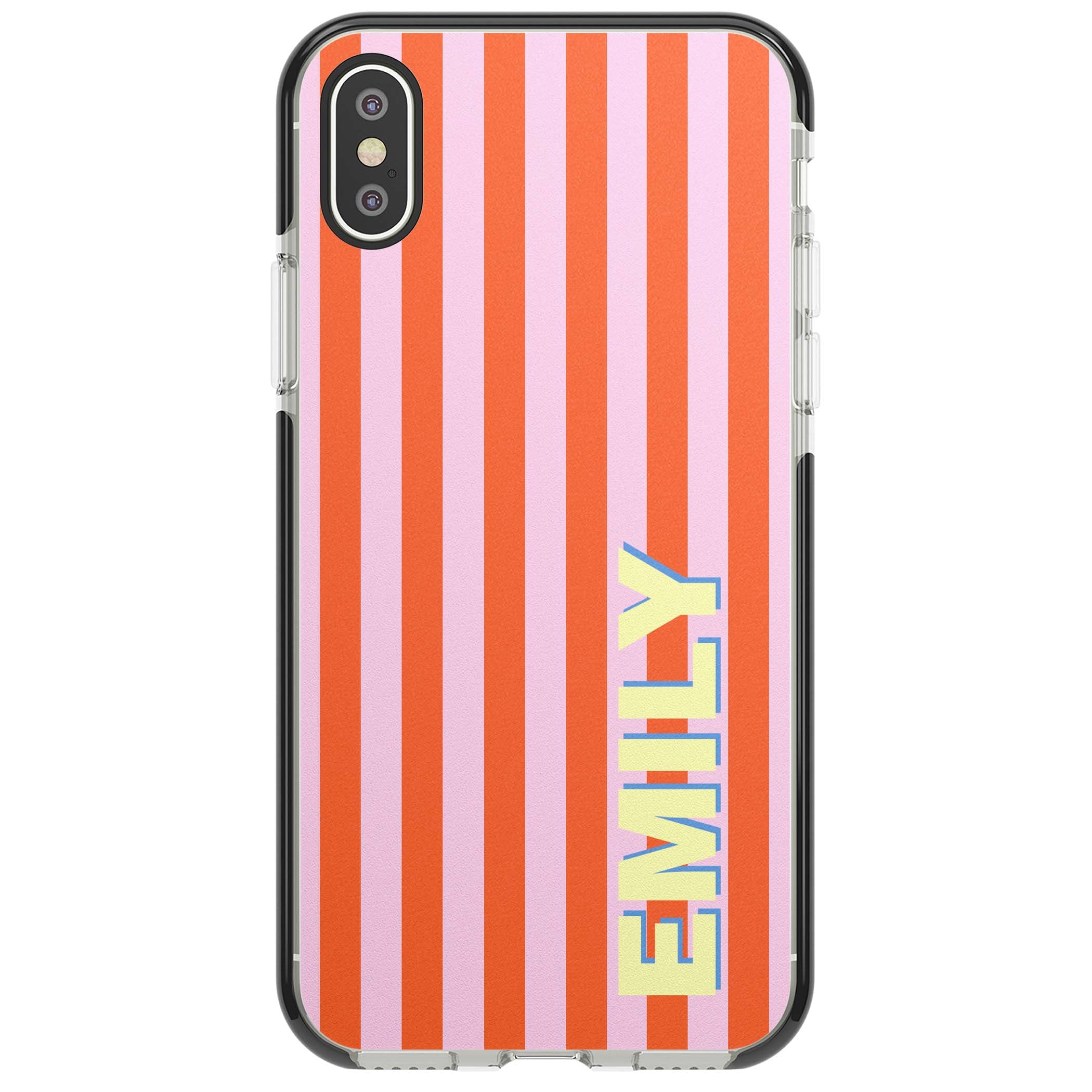 Havana Stripe personalised iPhone case featuring pink and orange vertical stripes with a custom yellow name | Black Impact case for iPhone X, iPhone XS Max, iPhone XR