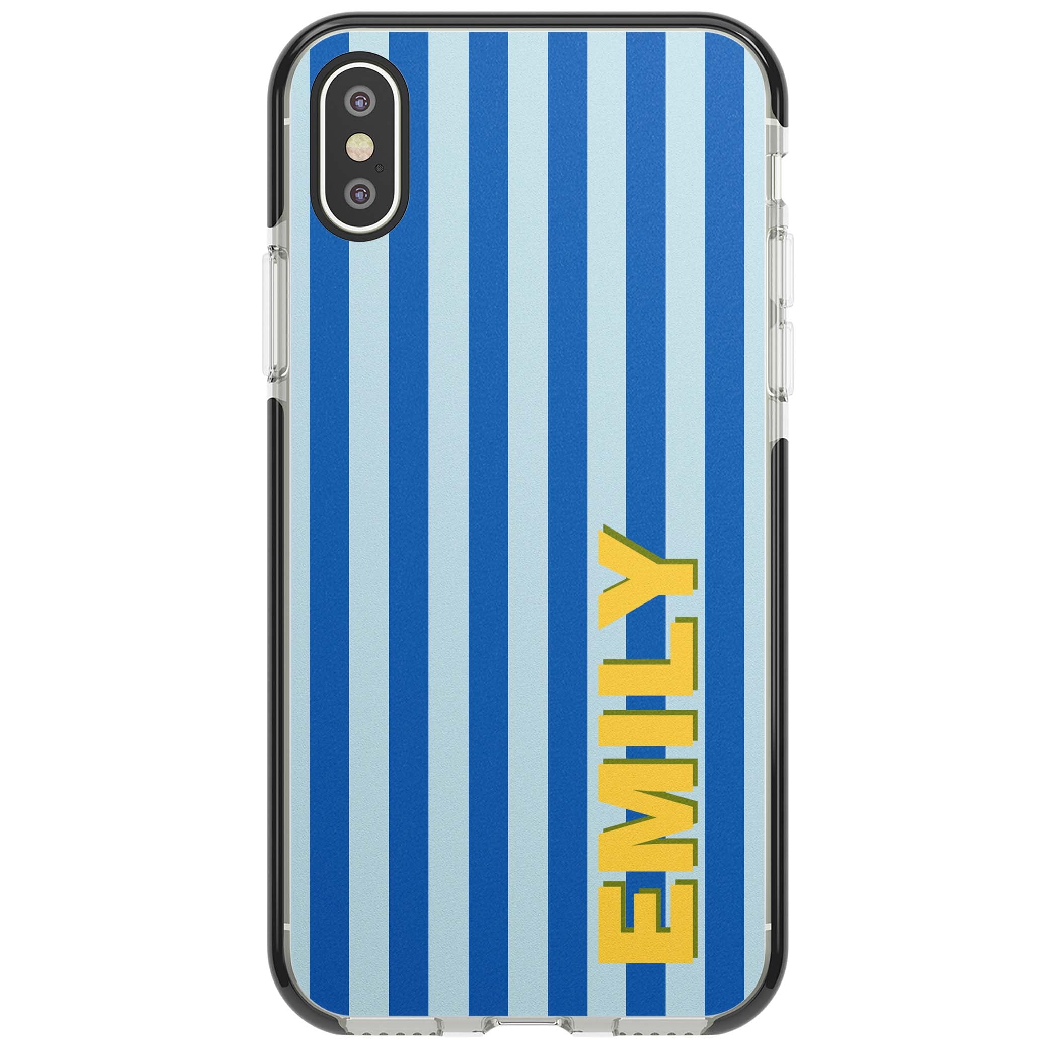Athenian Stripe personalised preppy iPhone case featuring blue vertical stripes and a custom yellow name | Black Impact case for iPhone X, iPhone XS Max, iPhone XR