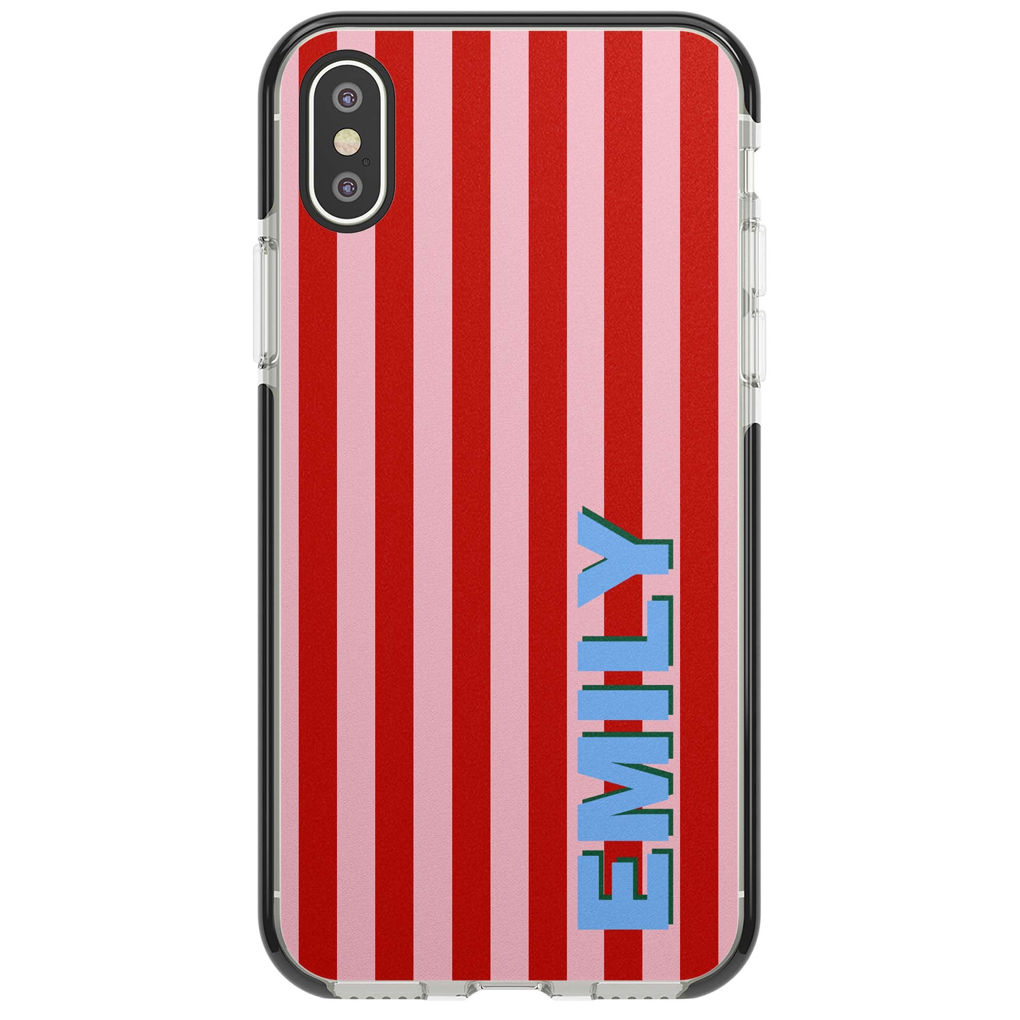 Market Stripe personalised iPhone case with red and pink vertical stripes and custom blue name | Black Impact case for iPhone X, iPhone XS Max, iPhone XR