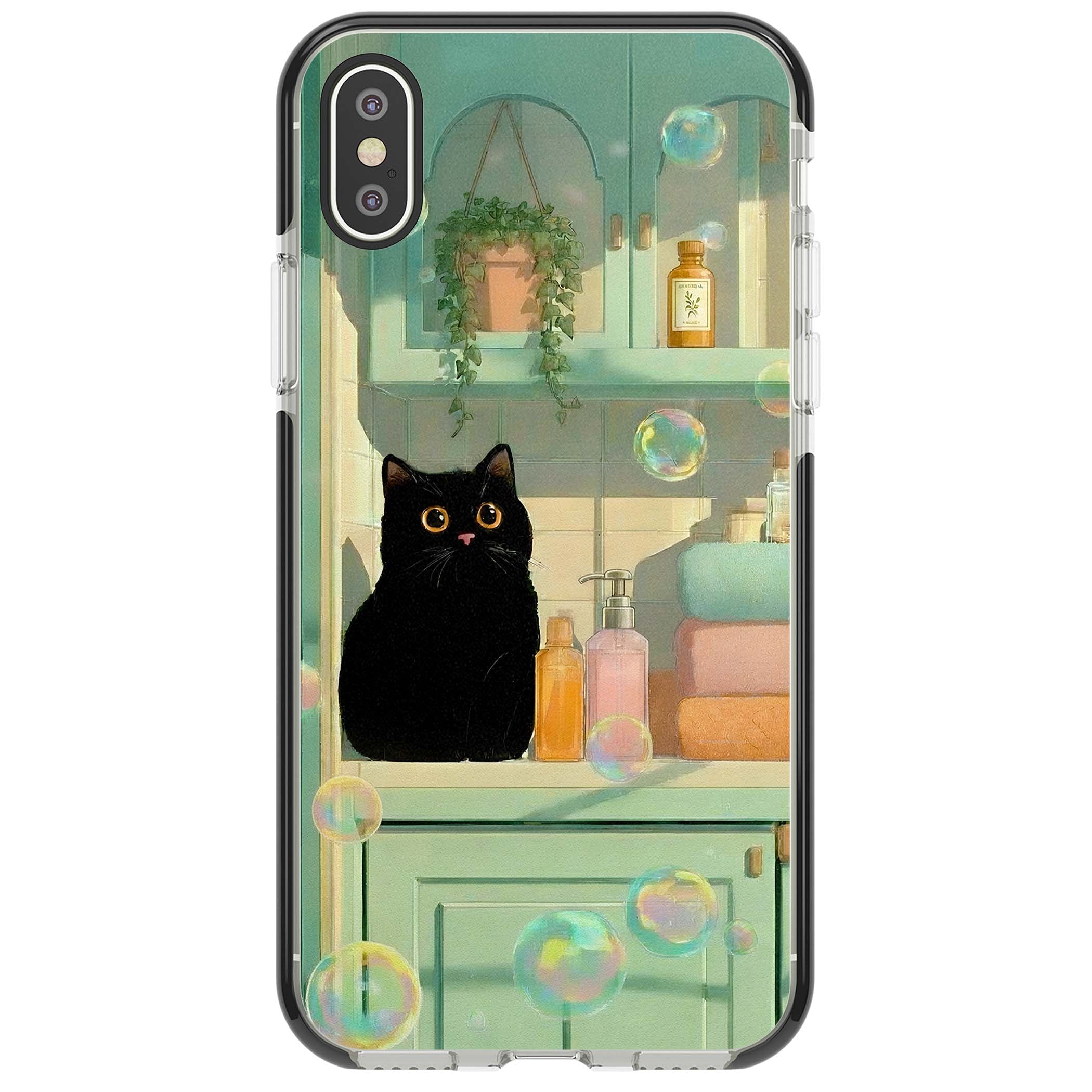 Bathroom Bubble Kitty cottagecore iPhone case featuring a black cat, mint bathroom scene and floating soap bubbles | Black Impact case for iPhone X, iPhone XS Max, iPhone XR