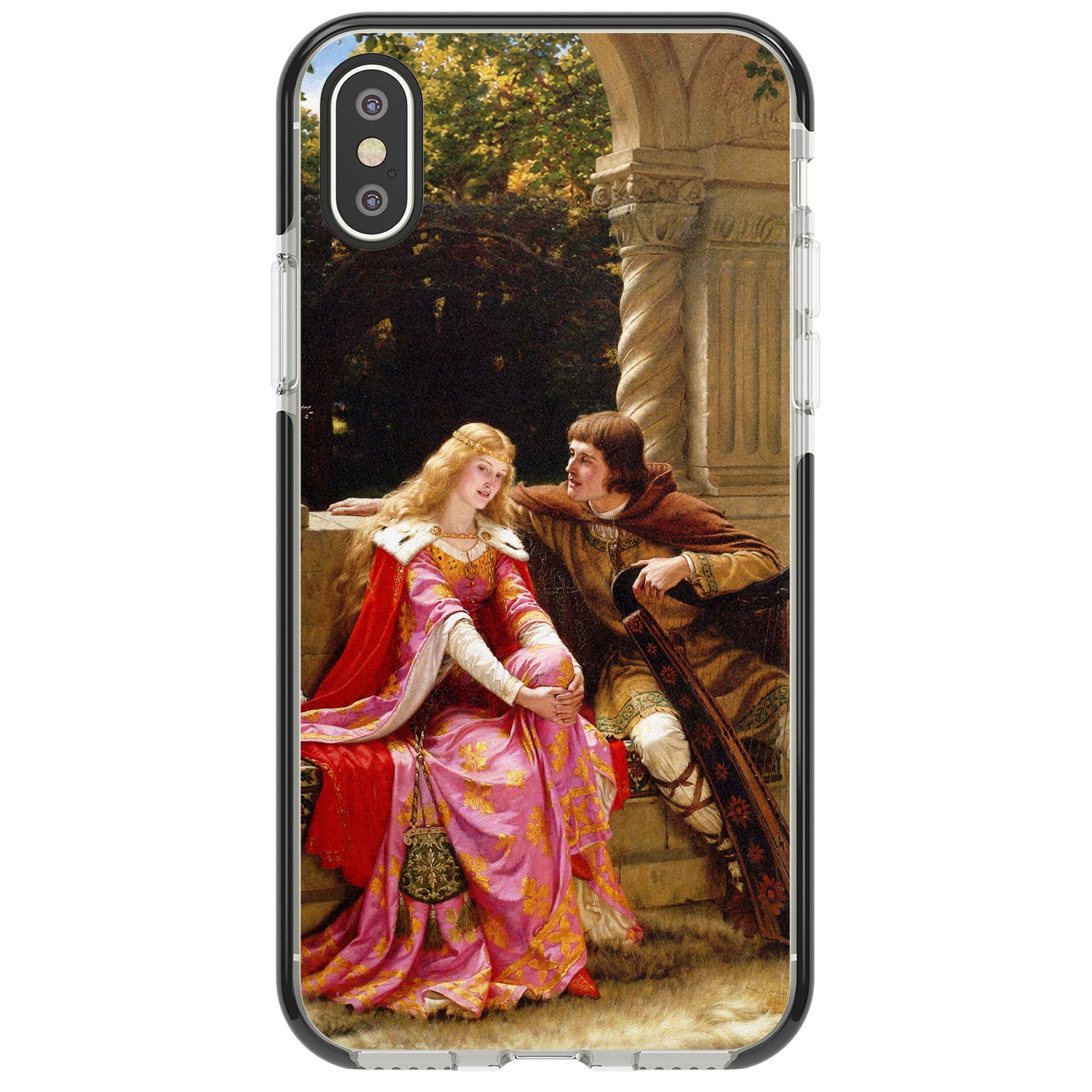 The End of the Song classic art iPhone case featuring a medieval lady in pink gown and her knight in a stone archway | Black Impact case for iPhone X, iPhone XS Max, iPhone XR