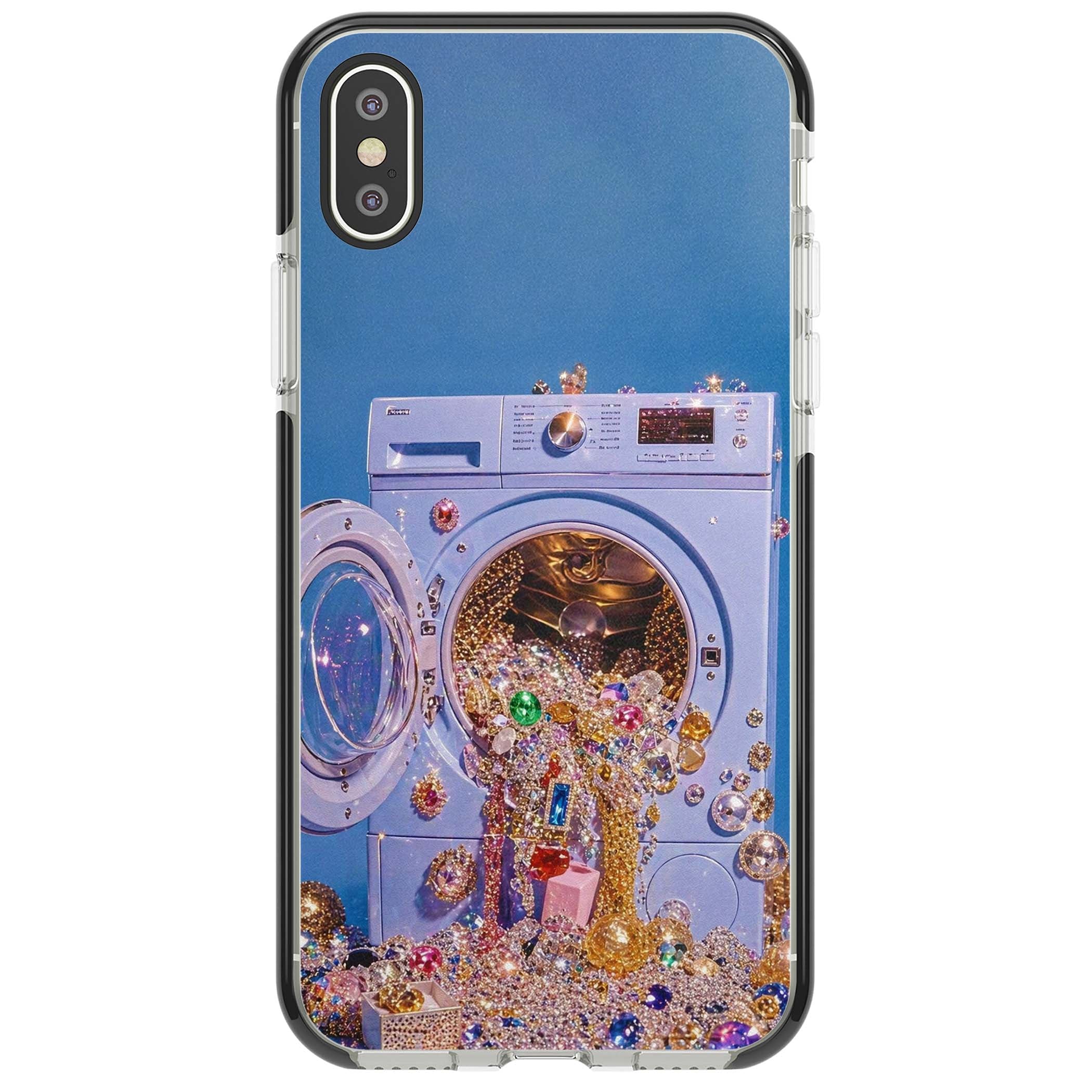 Gem Laundry baddie iPhone case featuring a surreal washing machine overflowing with colourful gemstones and crystals | Black Impact case for iPhone X, iPhone XS Max, iPhone XR
