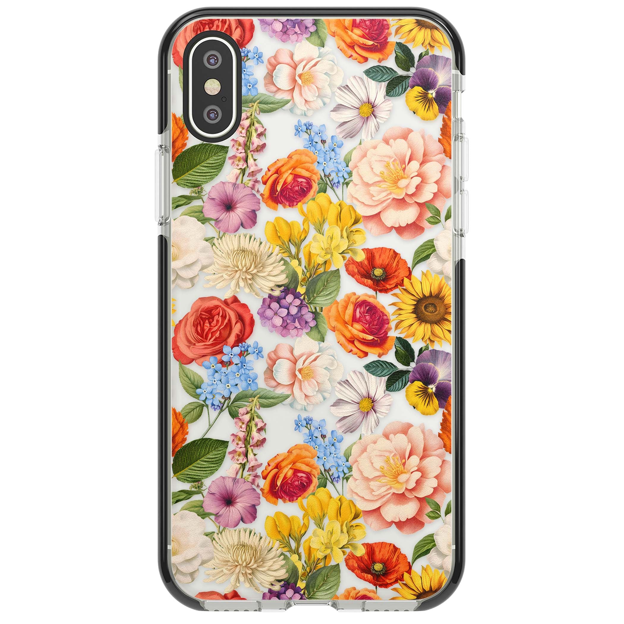 Bloom Basket floral iPhone case featuring cottage garden flowers including peonies, sunflowers, and wildflowers in pastel col | Black Impact case for iPhone X, iPhone XS Max, iPhone XR