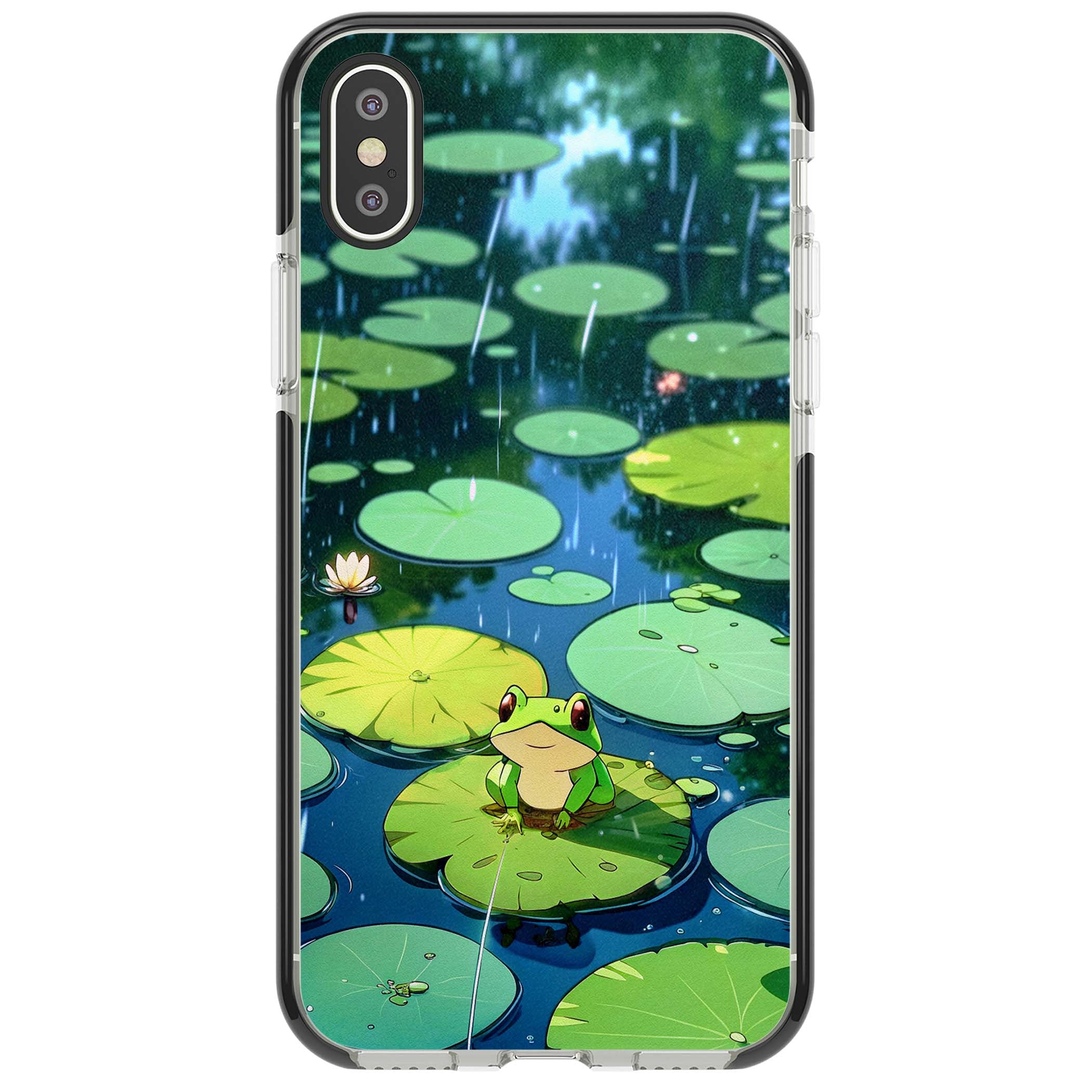 Frog In Lily Pond cottagecore iPhone case featuring a cute green frog on a lily pad with falling rain and a lotus flower | Black Impact case for iPhone X, iPhone XS Max, iPhone XR