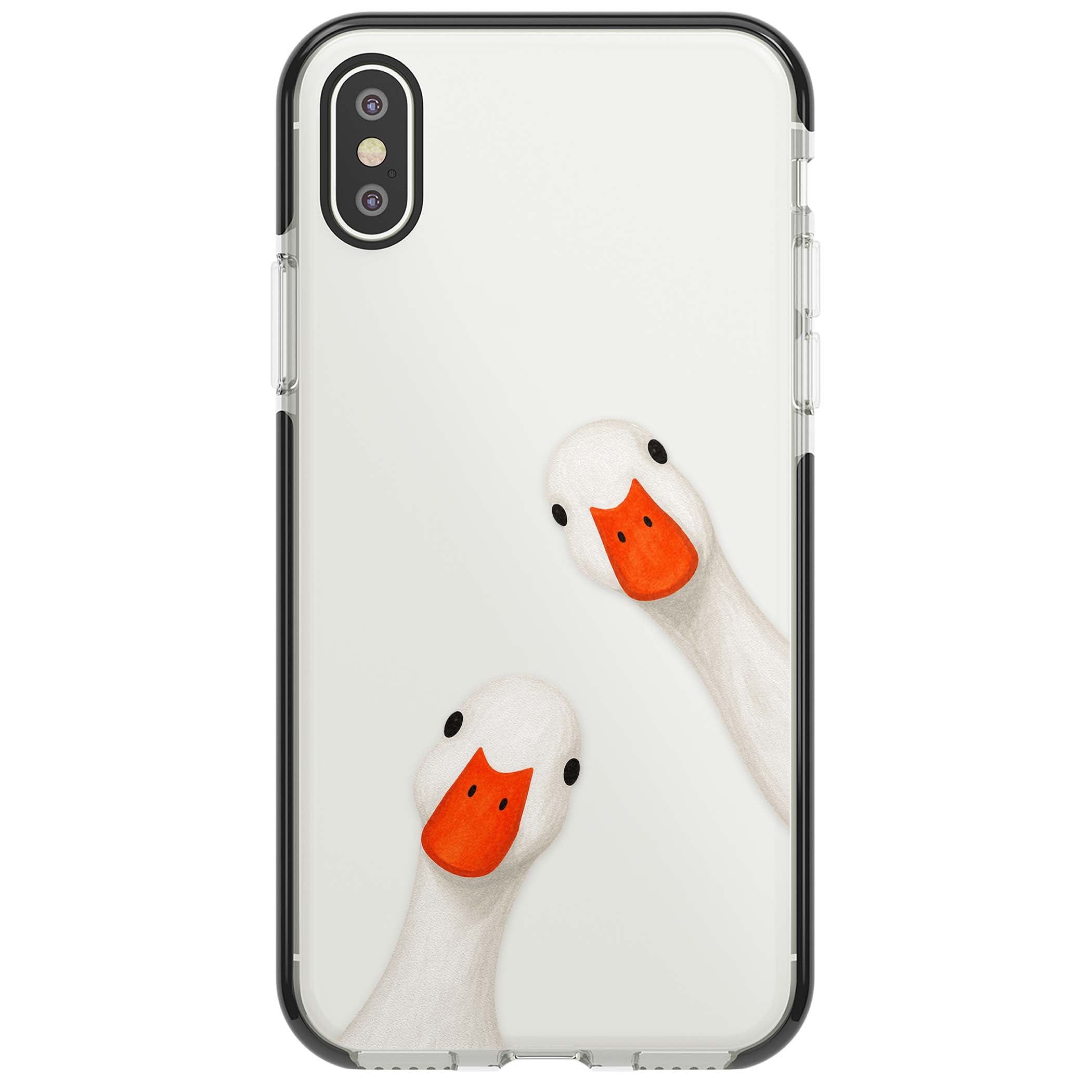 Nosy Ducks cottagecore iPhone case featuring two peeking white ducks with orange beaks on a clear background | Black Impact case for iPhone X, iPhone XS Max, iPhone XR
