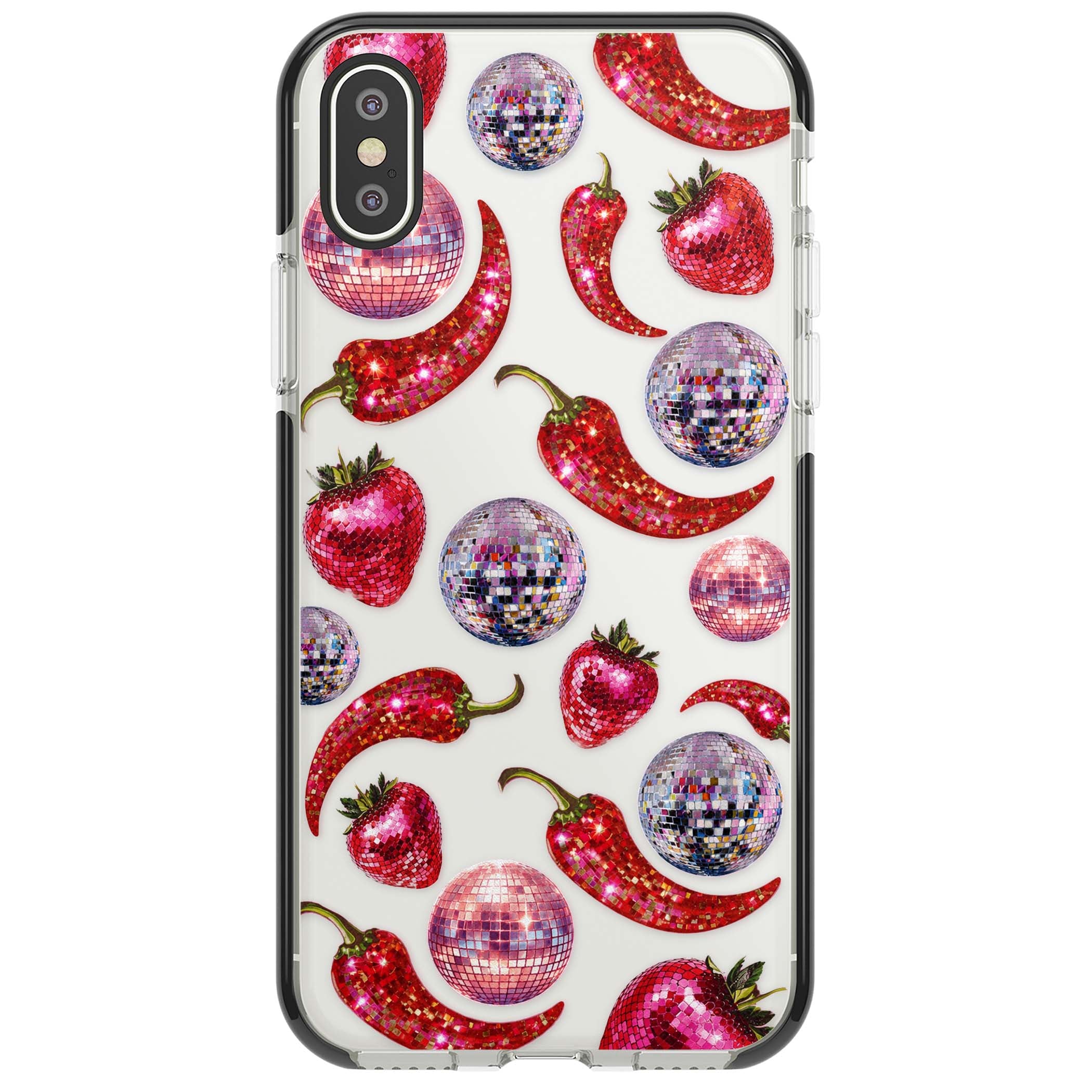 Spicy Disco Y2K iPhone case featuring glitter disco balls, sparkly strawberries and red chilli peppers | Black Impact case for iPhone X, iPhone XS Max, iPhone XR