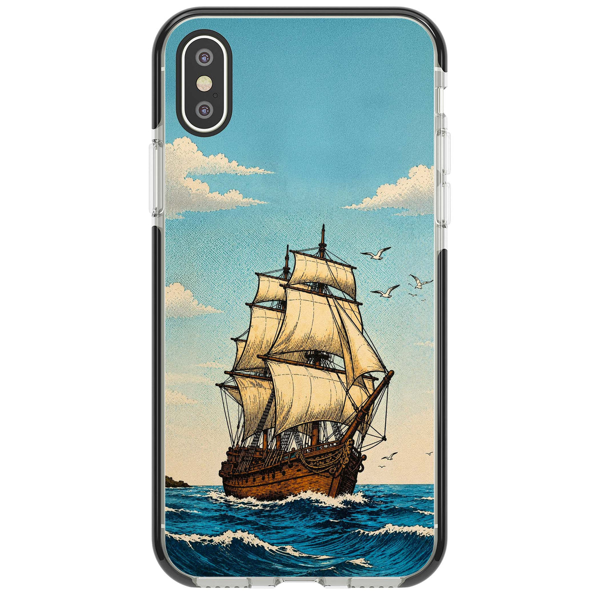Ship at Sea nautical iPhone case featuring a vintage tall ship, ocean waves and seagulls | Black Impact case for iPhone X, iPhone XS Max, iPhone XR