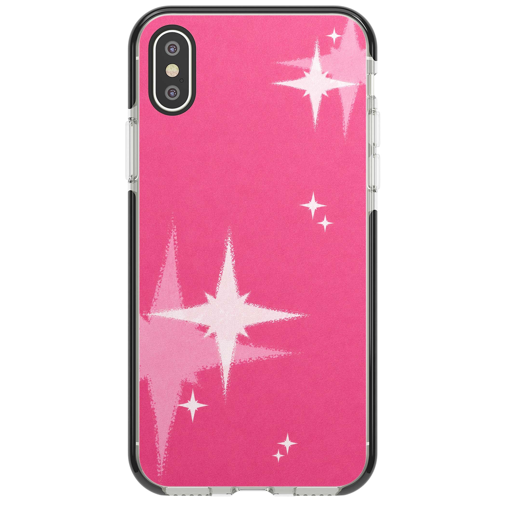 Pink Sparkle Y2K iPhone case featuring hot pink background with shimmering white starburst pattern | Black Impact case for iPhone X, iPhone XS Max, iPhone XR