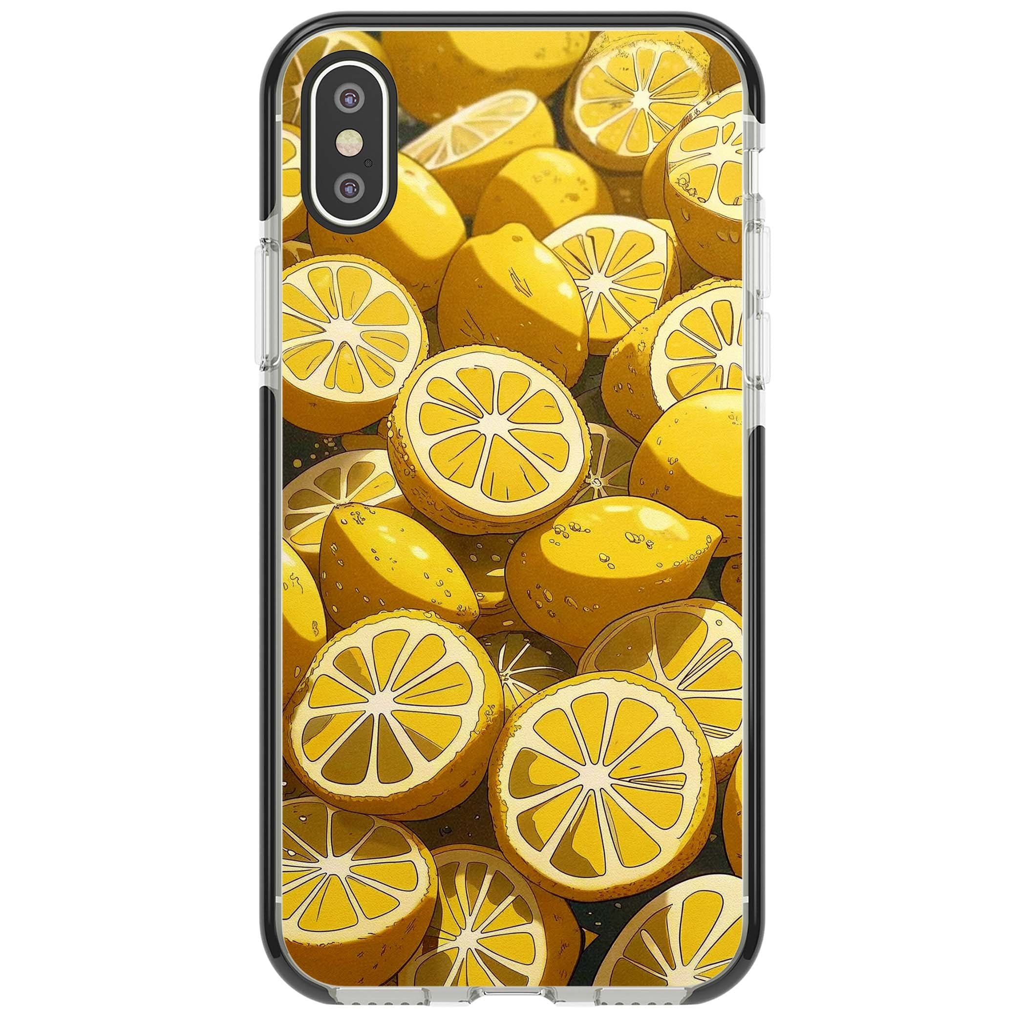Zesty coastal iPhone case featuring illustrated Mediterranean lemons and citrus slices in golden yellow | Black Impact case for iPhone X, iPhone XS Max, iPhone XR