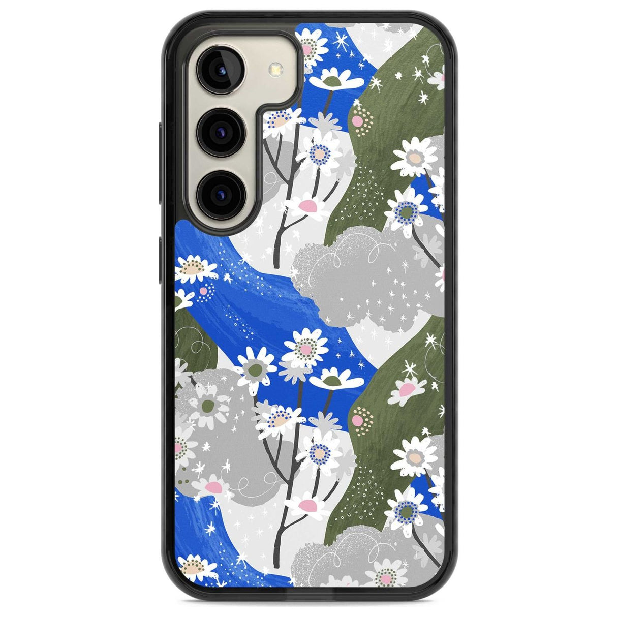 Blue & Grey Daisies Pattern Phone Case Samsung S22 / Black Impact Case,Samsung S23 / Black Impact Case Blanc Space